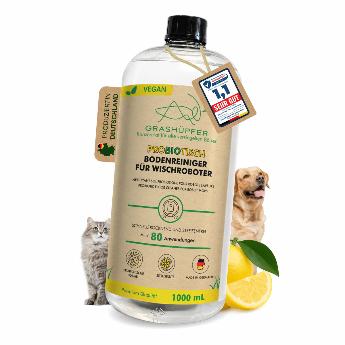 GRASHÜPFER probiotischer Bodenreiniger für Wischroboter Zitrusblüte mit Hund, Katze und Zitrone, 1000 ml, Made in Germany und Testnote 1,1.
