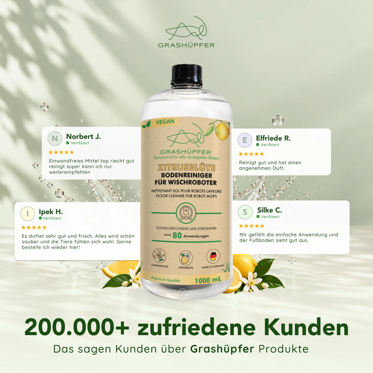 Grashüpfer Bodenreiniger Zitrusblüte für Wischroboter mit vier eingeblendeten 5-Sterne Top-Kundenbewertungen zu Duft, Reinigung und Anwendung.