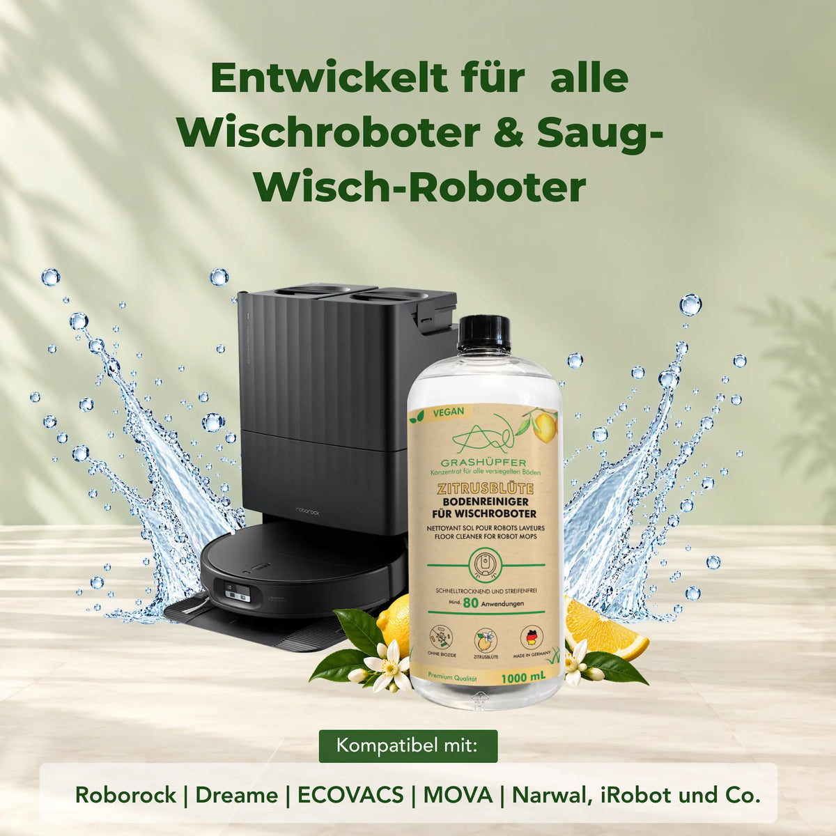 Grashüpfer Bodenreiniger Zitrusblüte für Wischroboter vor einem Saug-Wischroboter mit Station, umgeben von Zitronen und Blüten.