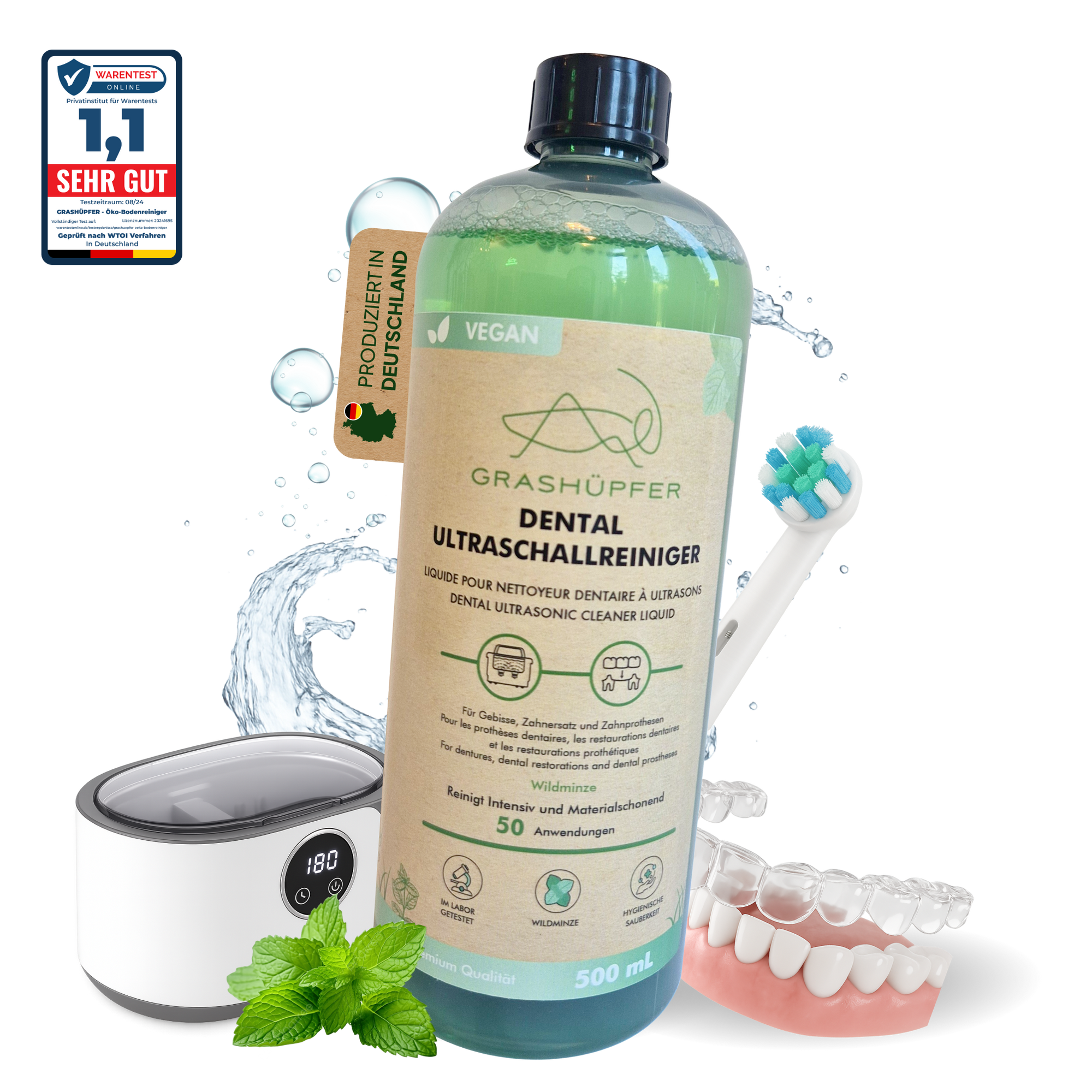 Grashüpfer Dental Ultraschallreinigungs-Lösung Wildminze, Made in Germany, mit Ultraschallgerät, Zahnbürste und Zahnersatz, getestet mit Note 1,1 „Sehr gut“.