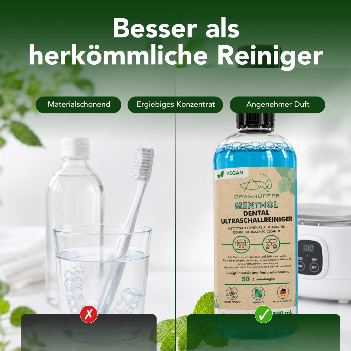 Grashüpfer Dental Ultraschallreiniger neben einem Ultraschallgerät in einer Vergleichsdarstellung zu herkömmlichen Reinigern mit Fokus auf materialschonende Anwendung und Konzentrat.