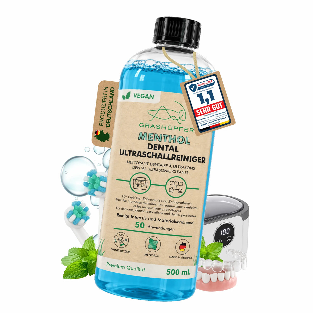 GRASHÜPFER Dental Ultraschallreiniger Menthol 500 ml mit Ultraschallgerät, Zahnbürstenköpfen und Zahnersatz, produziert in Deutschland.