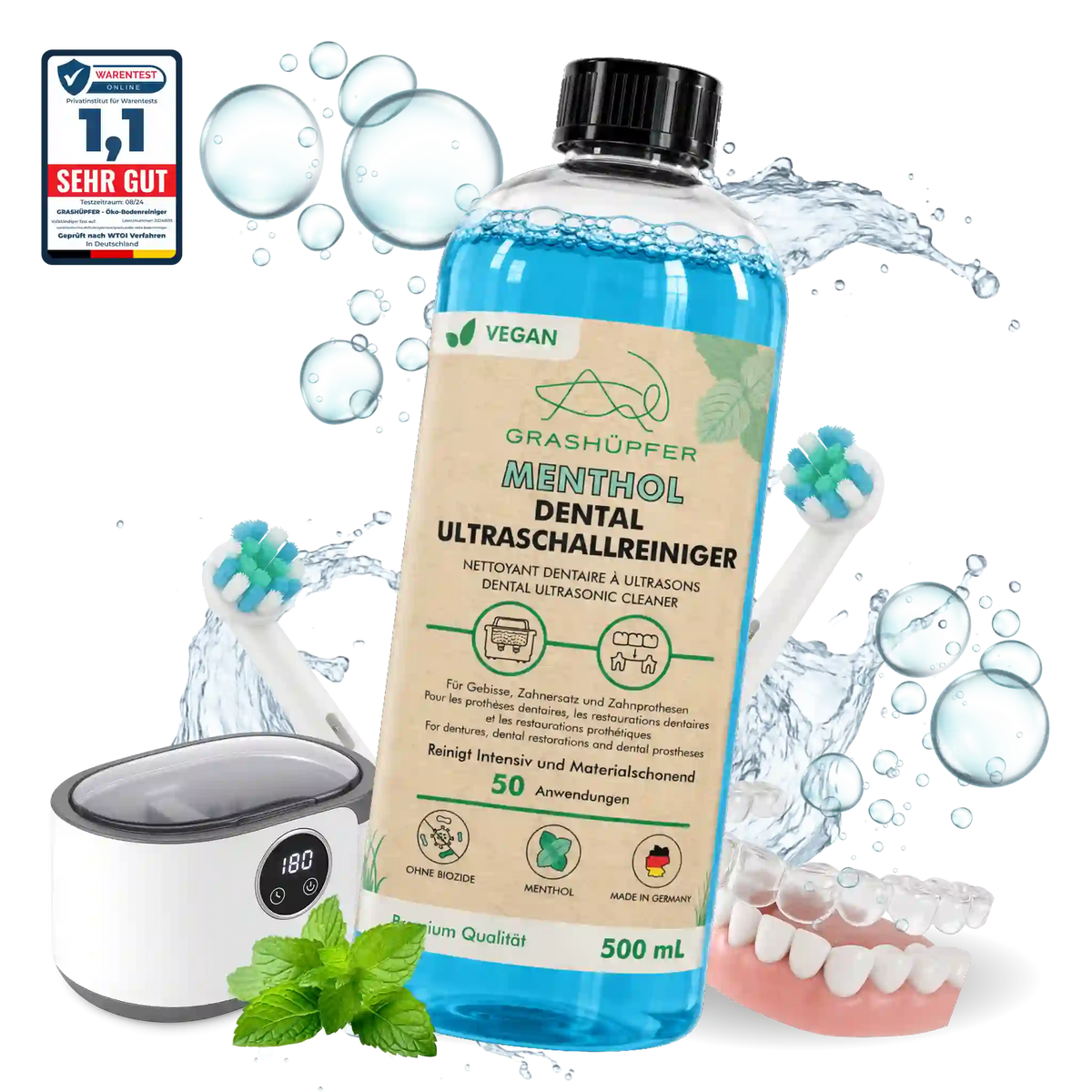 GRASHÜPFER Dental Ultraschallreiniger Menthol 500 ml mit Ultraschallgerät, Zahnbürstenköpfen, Zahnprothese und Wassersplash.