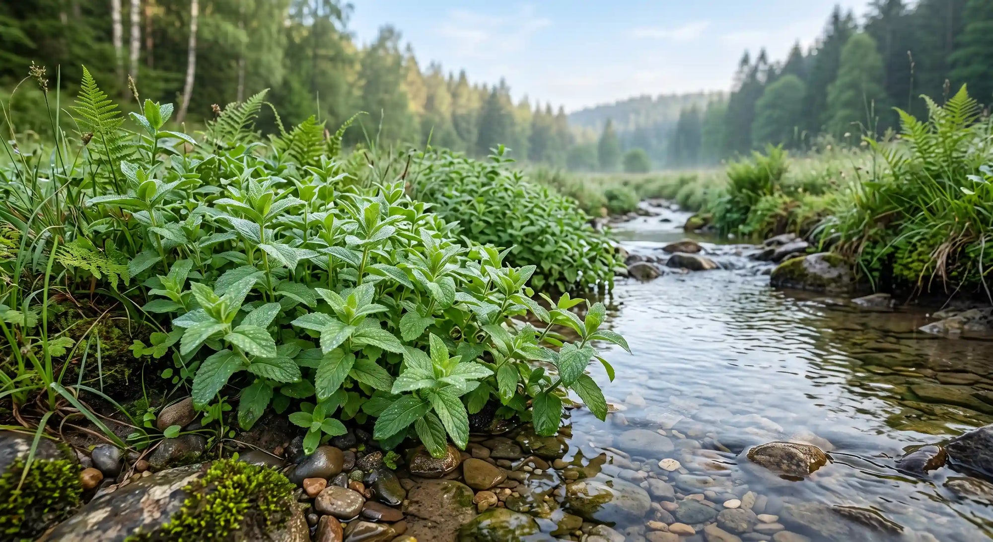 Wildminze Duftmotiv mit frischen Minzblättern am klaren Bergbach, Wassertropfen und grüner Naturfrische – passend zur Grashüpfer Dental-Ultraschallreinigungslösung.