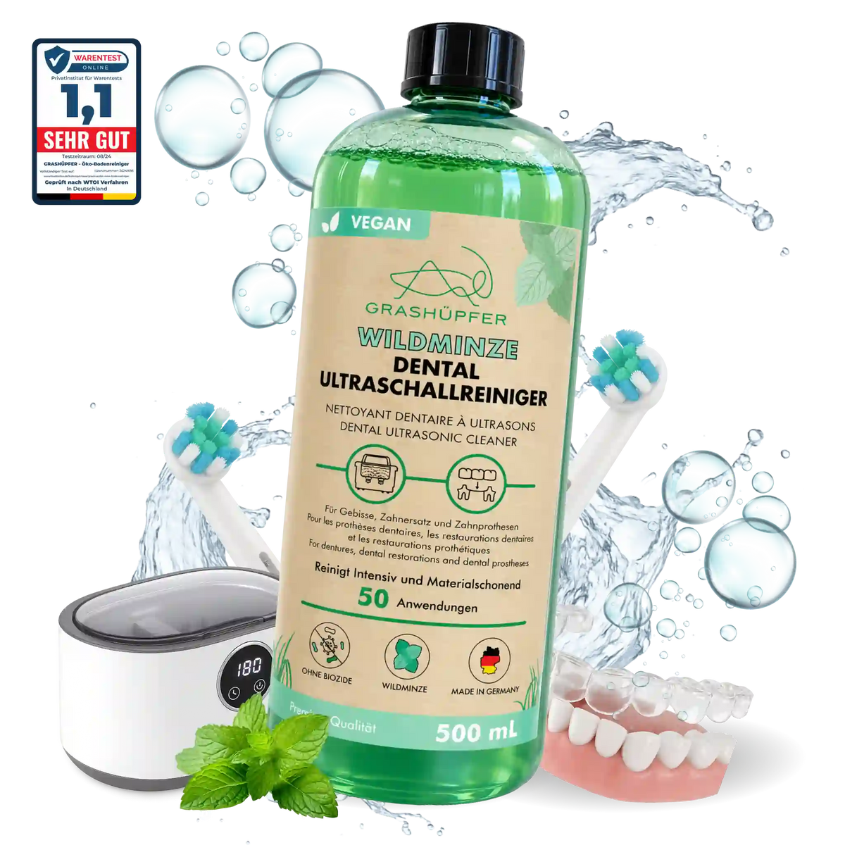 GRASHÜPFER Dental Ultraschallreiniger Wildminze 500 ml mit Ultraschallgerät, Zahnbürstenköpfen, Zahnprothese, Minze und Wassersplash.
