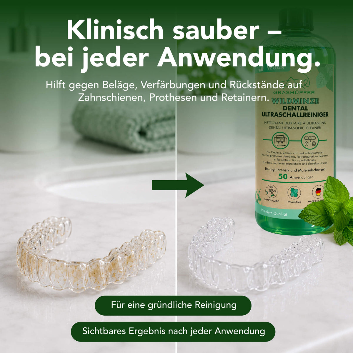 Grashüpfer Dental Ultraschallreiniger für Zahnschienen, Prothesen und Retainer mit dargestelltem Vorher-Nachher-Vergleich einer transparenten Zahnschiene.