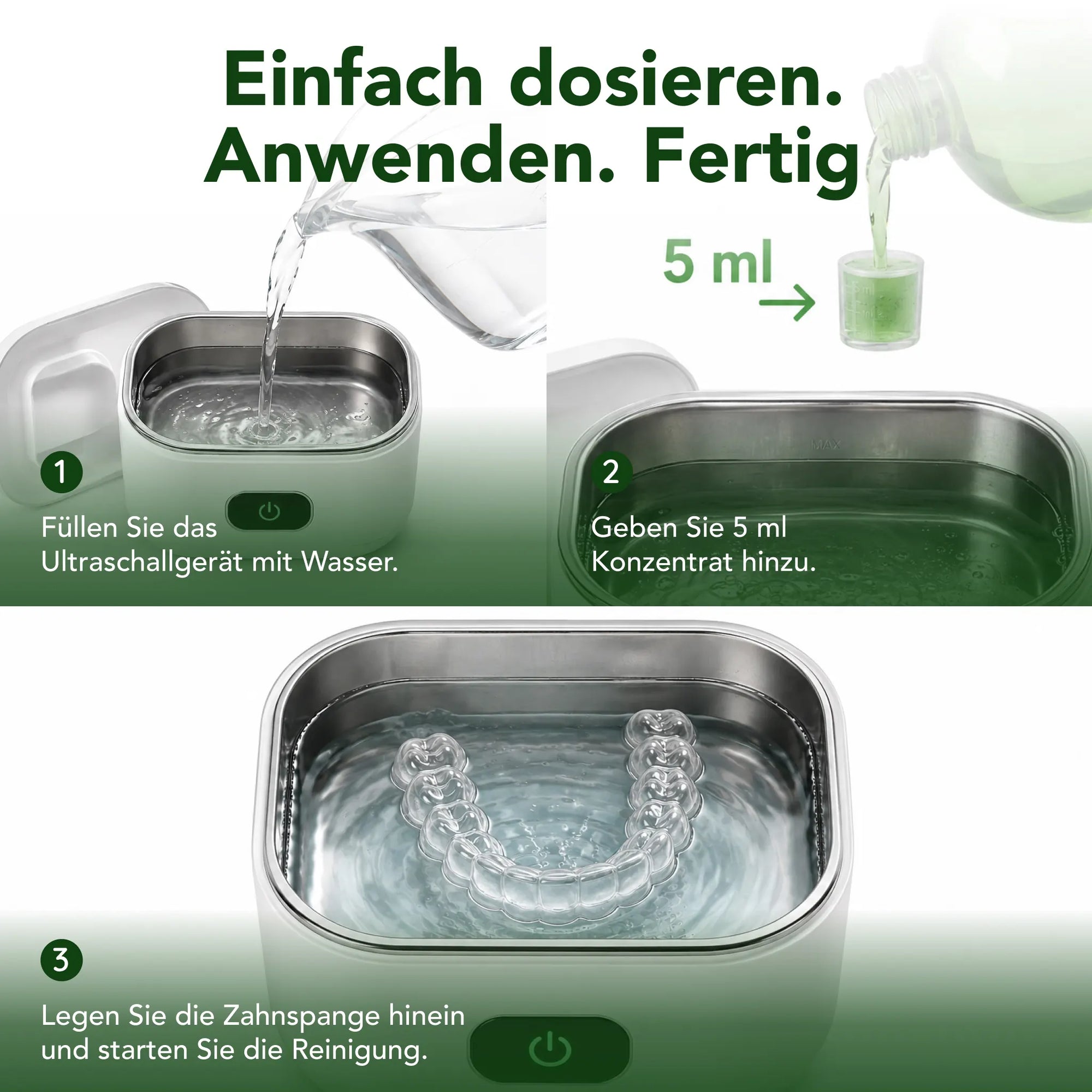GRASHÜPFER Dental Ultraschallreinigungs-Lösung Wildminze: Ultraschallgerät mit Wasser füllen, 5 ml Konzentrat zugeben und Zahnschiene reinigen.