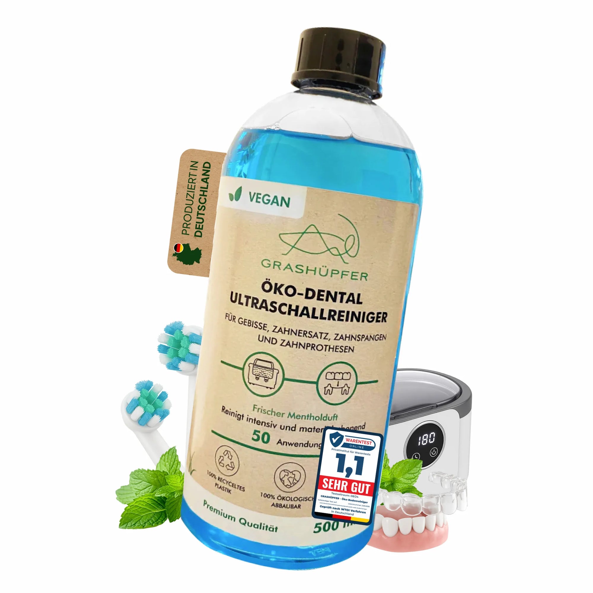 Grashüpfer Öko-Dental-Ultraschallreiniger Menthol produziert in Deutschland, für Gebisse, Zahnersatz, Zahnspangen und Zahnprothesen, mit Ultraschallgerät und Sehr-gut-Testergebnis.