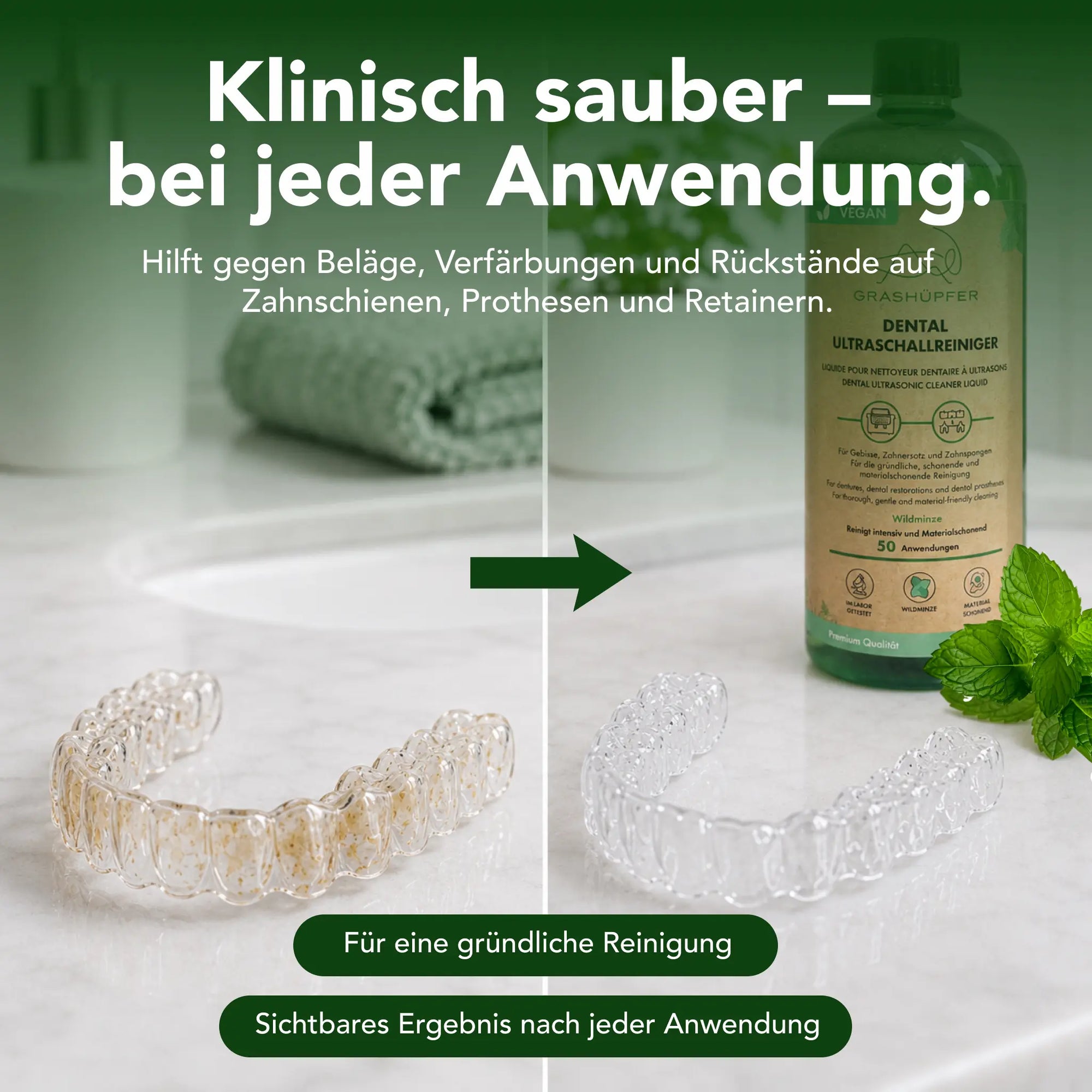 Vorher-Nachher-Vergleich einer Zahnschiene mit Belägen und nach der Reinigung mit GRASHÜPFER Dental Ultraschallreinigungs-Lösung Wildminze.