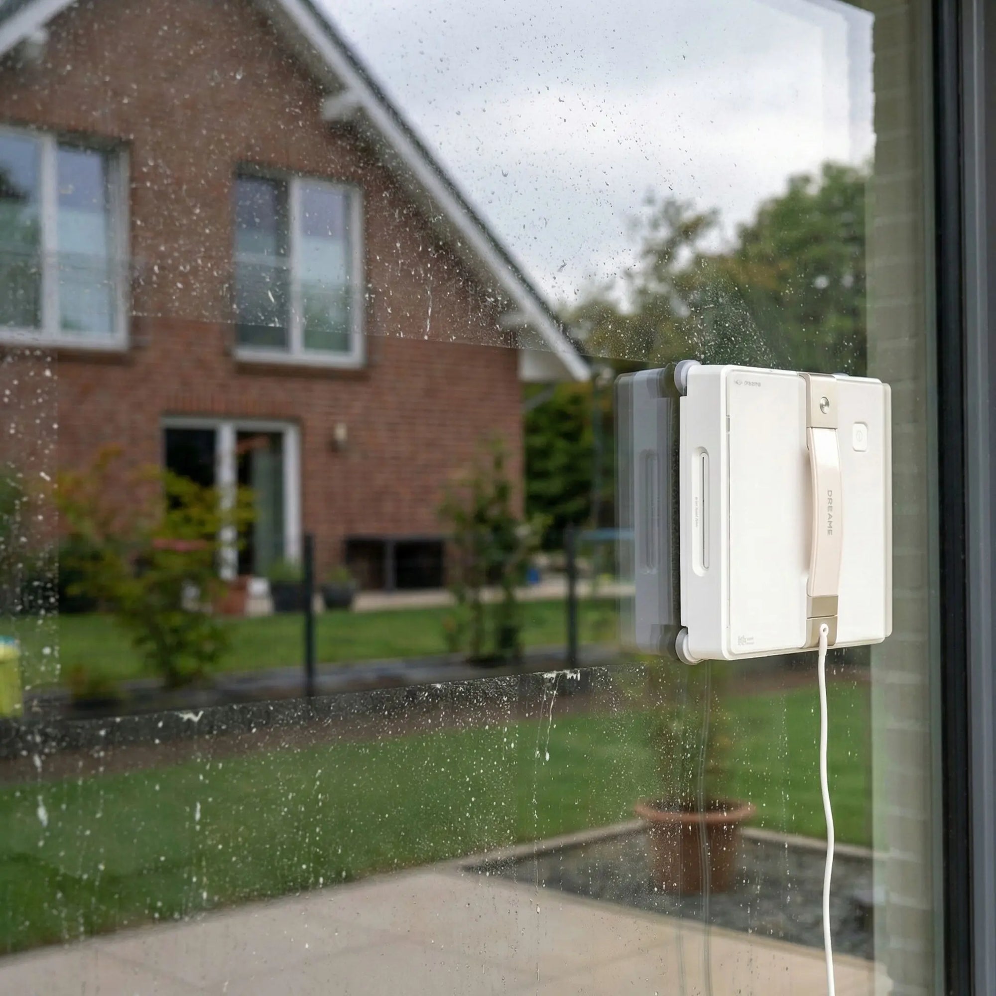 Dreame C1 Reinigungspad im Einsatz auf Glasfläche, streifenarme Reinigung mit Dreame Fensterputzroboter.