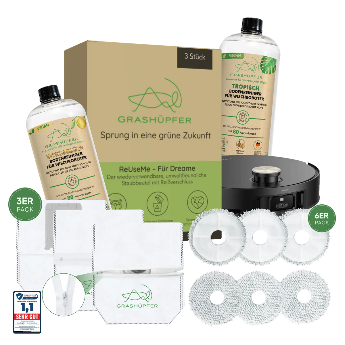 Grashüpfer Dreame Mix & Match Set mit Bodenreinigern, ReUseMe-Staubbeuteln und Wischpads für Saug-Wischroboter.