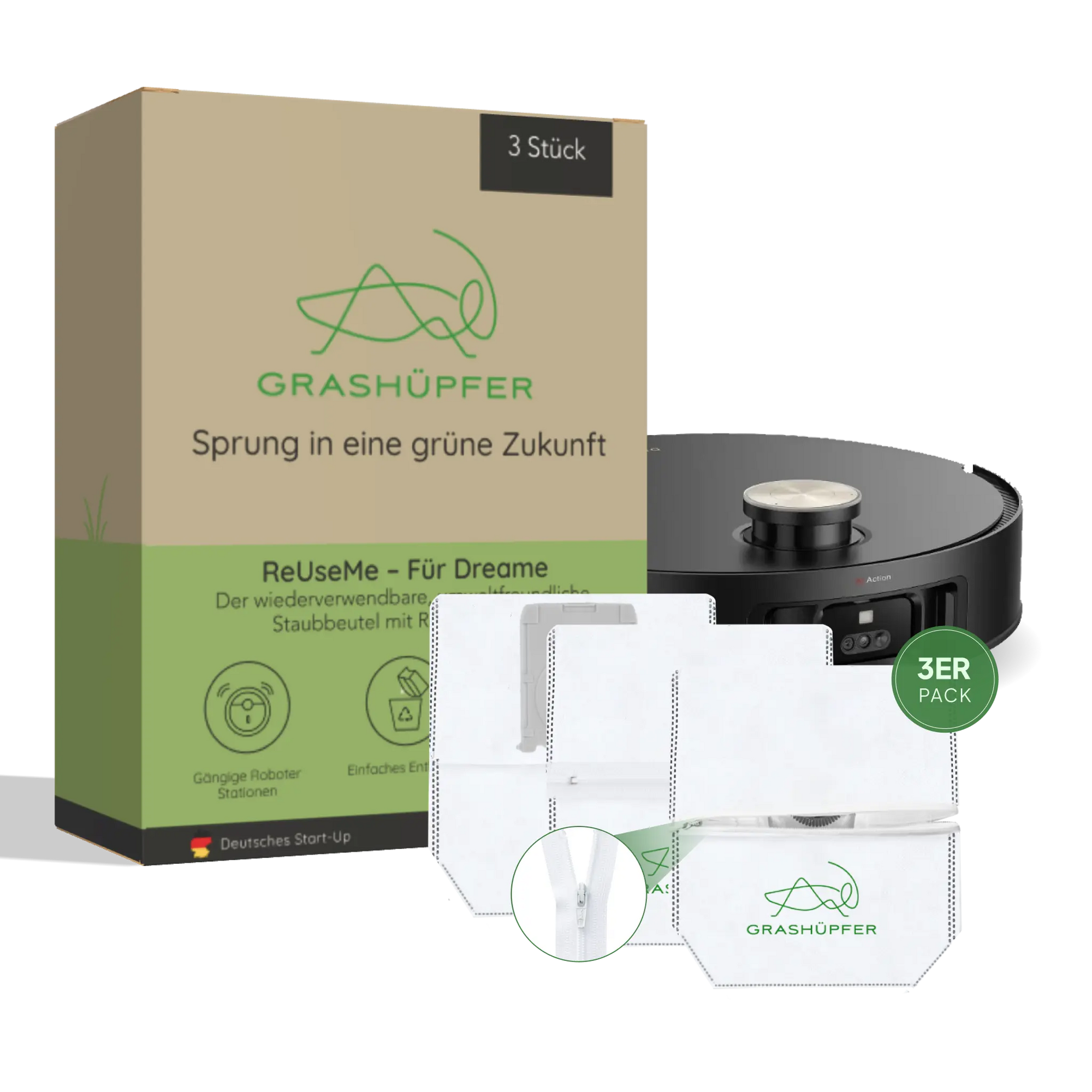 Grashüpfer ReUseMe-Staubbeutel für Dreame / MOVA Saugroboter – umweltfreundliche, wiederverwendbare Beutel im 3er-Pack mit Reißverschluss für nachhaltige Reinigung.