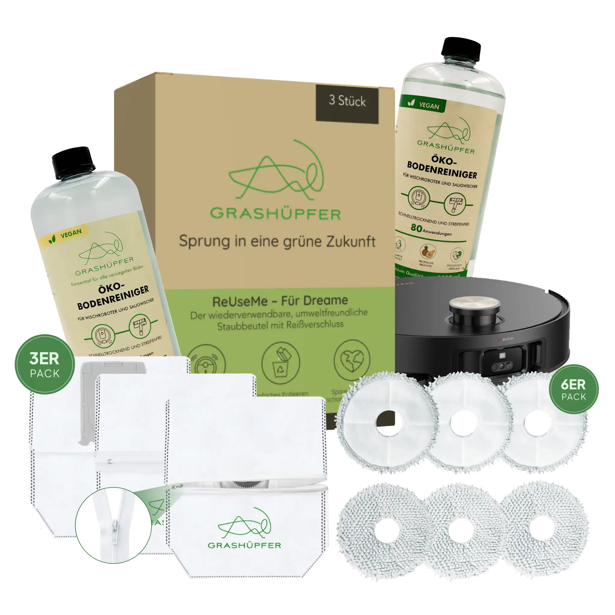 Grashüpfer Mix & Match-Set für Dreame / MOVA: Öko-Bodenreiniger in unterschiedlichen Duftrichtungen, 3er-Pack ReUseMe-Staubbeutel mit Reißverschluss undunterschiedliche Mikrofaser-Wischpads & Wischwalzen für eine nachhaltige Komplettreinigung.