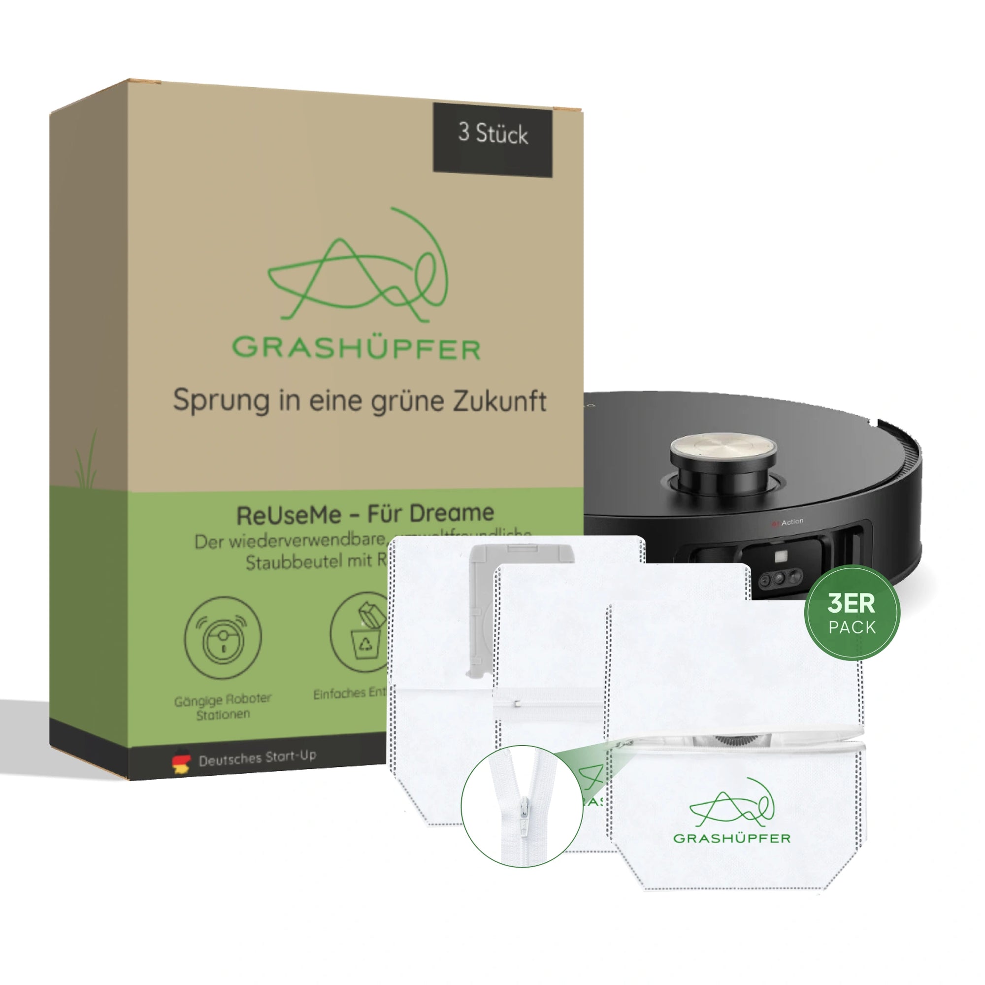 Grashüpfer ReUseMe Staubbeutel für Dreame Absaugstationen,  wiederverwendbare Staubbeutel im 3er-Pack mit Reißverschluss.
