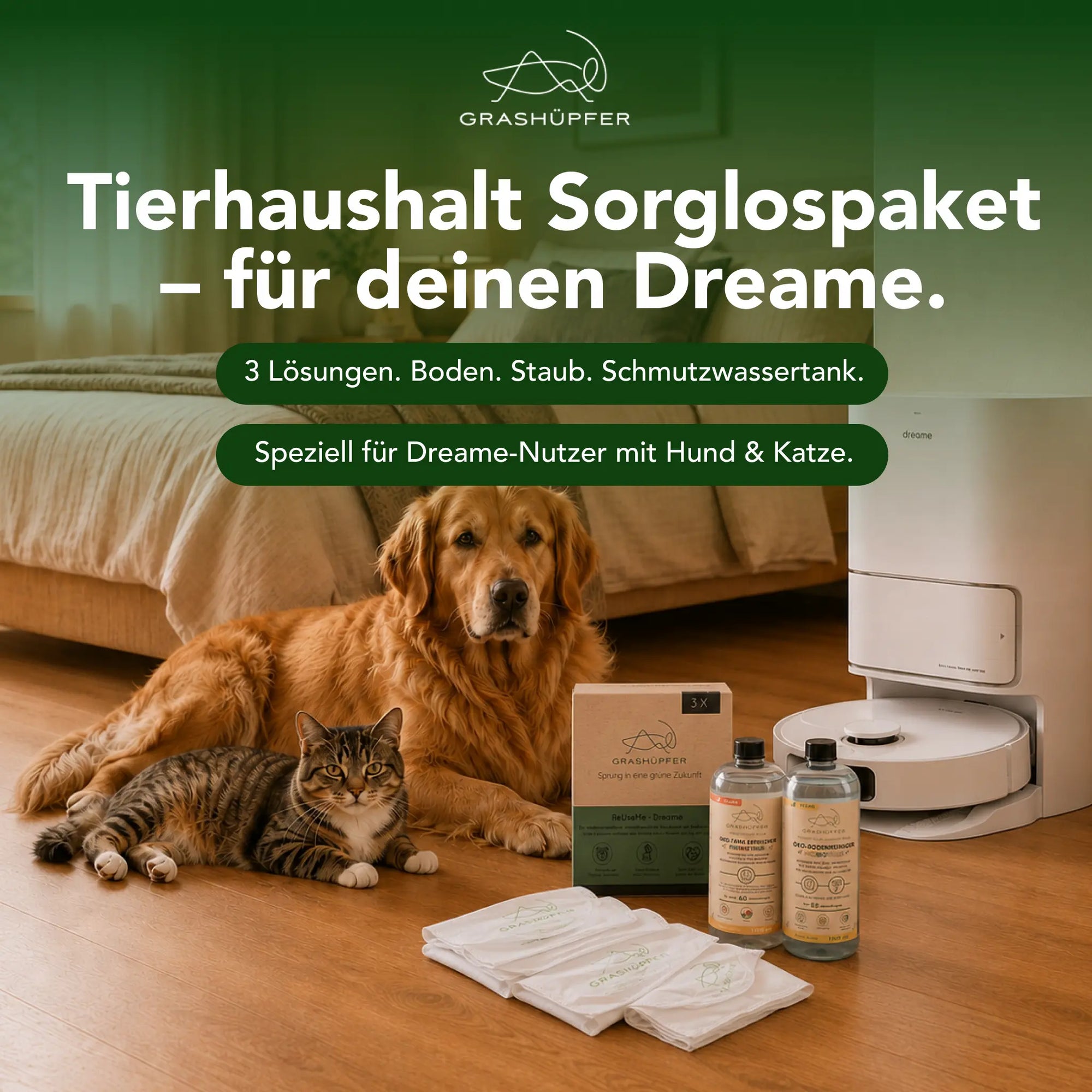 Dreame Sorglospaket für Tierhaushalte mit Bodenreiniger, Tankerfrischer und ReUseMe-Beuteln für einen komfortableren Reinigungsalltag.