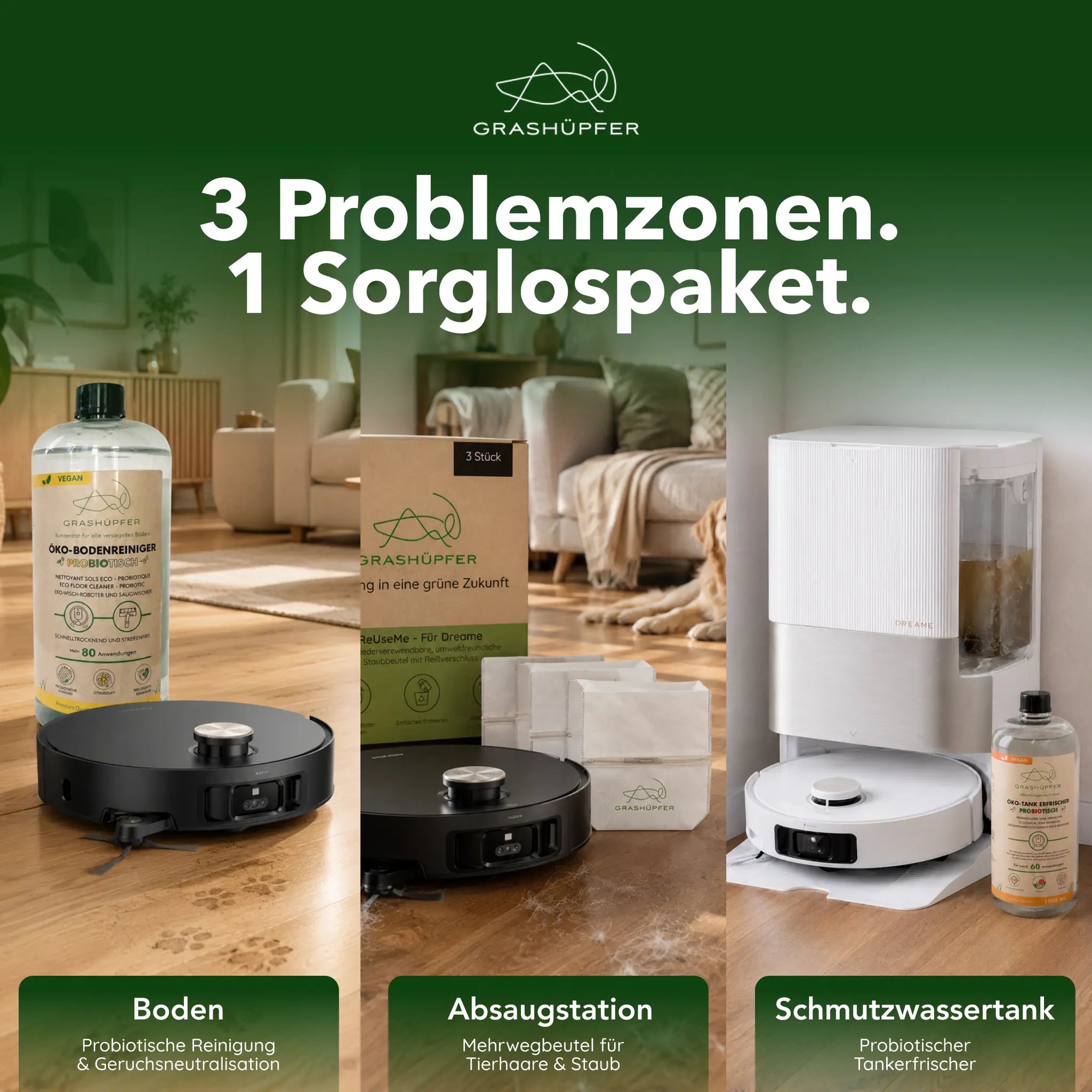 Dreame Tierhaushalt Sorglospaket für drei Problemzonen: Bodenreinigung, Tierhaare in der Absaugstation und Gerüche im Schmutzwassertank.