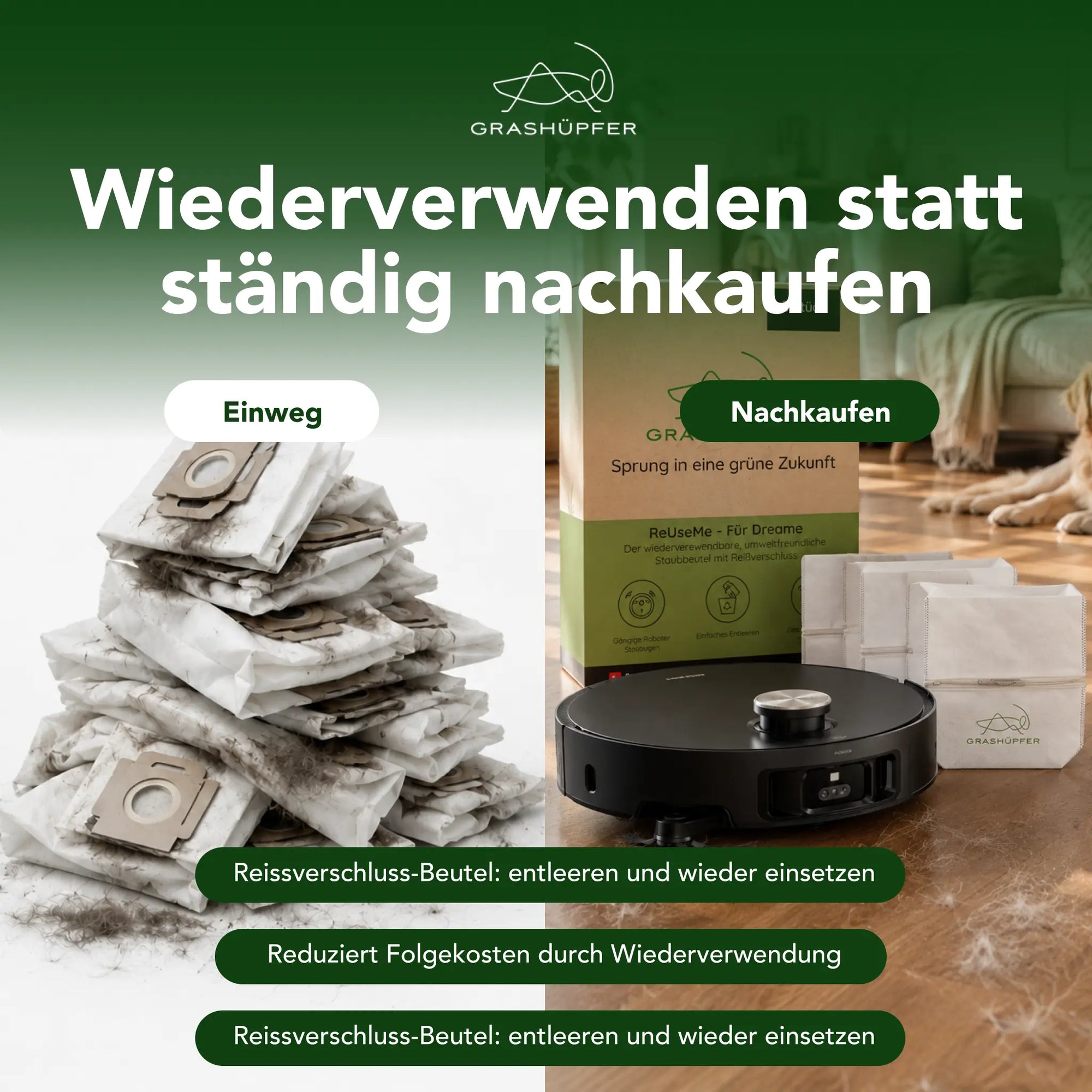 Wiederverwendbare ReUseMe-Staubbeutel für Dreame im Vergleich zu Einwegbeuteln – einfach entleeren und erneut einsetzen.
