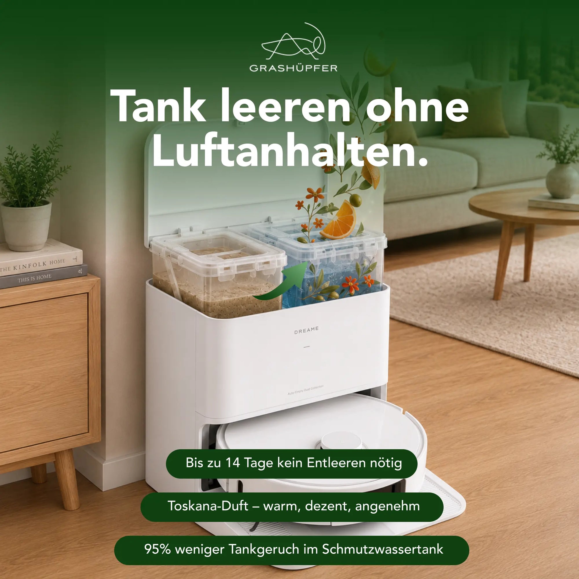 Probiotischer Tankerfrischer Toskana für den Dreame Schmutzwassertank zur Reduzierung unangenehmer Tankgerüche im Tierhaushalt.