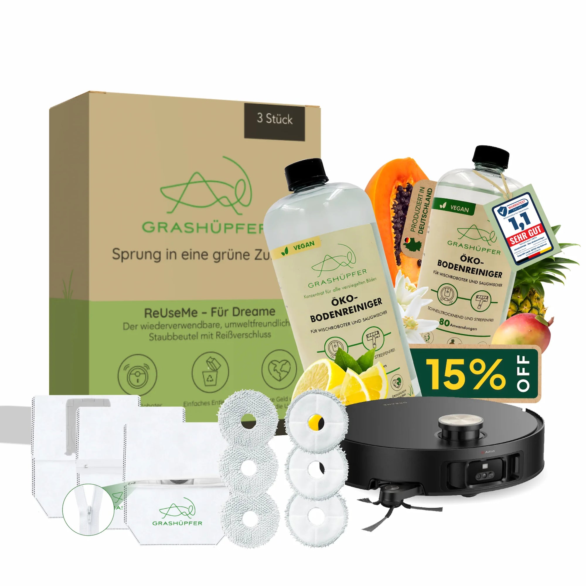 Grashüpfer Dreame Sorglospaket mit Bodenreiniger, ReUseMe Staubbeuteln, Wischpads für Dreame Wischroboter, mit 15 % Rabatt-Badge und produziert in Deutschland Hinweis.