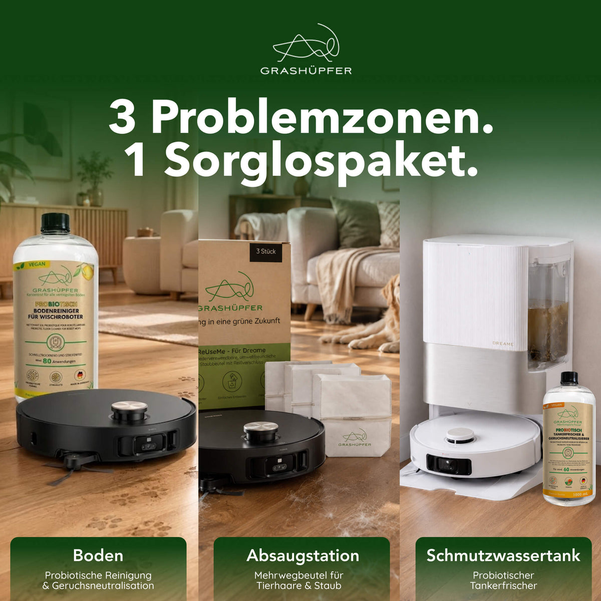 Infografik zum Grashüpfer Dreame Sorglospaket mit drei Bereichen: probiotischer Bodenreiniger für den Boden, ReUseMe-Staubbeutel für die Absaugstation und probiotischer Tankerfrischer für den Schmutzwassertank.