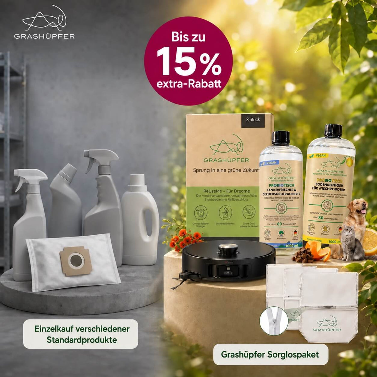 Vergleich von einzeln dargestellten Standardprodukten mit dem Grashüpfer Dreame Sorglospaket für Tierhaushalte aus probiotischem Bodenreiniger, probiotischem Tankerfrischer und ReUseMe-Staubbeuteln.