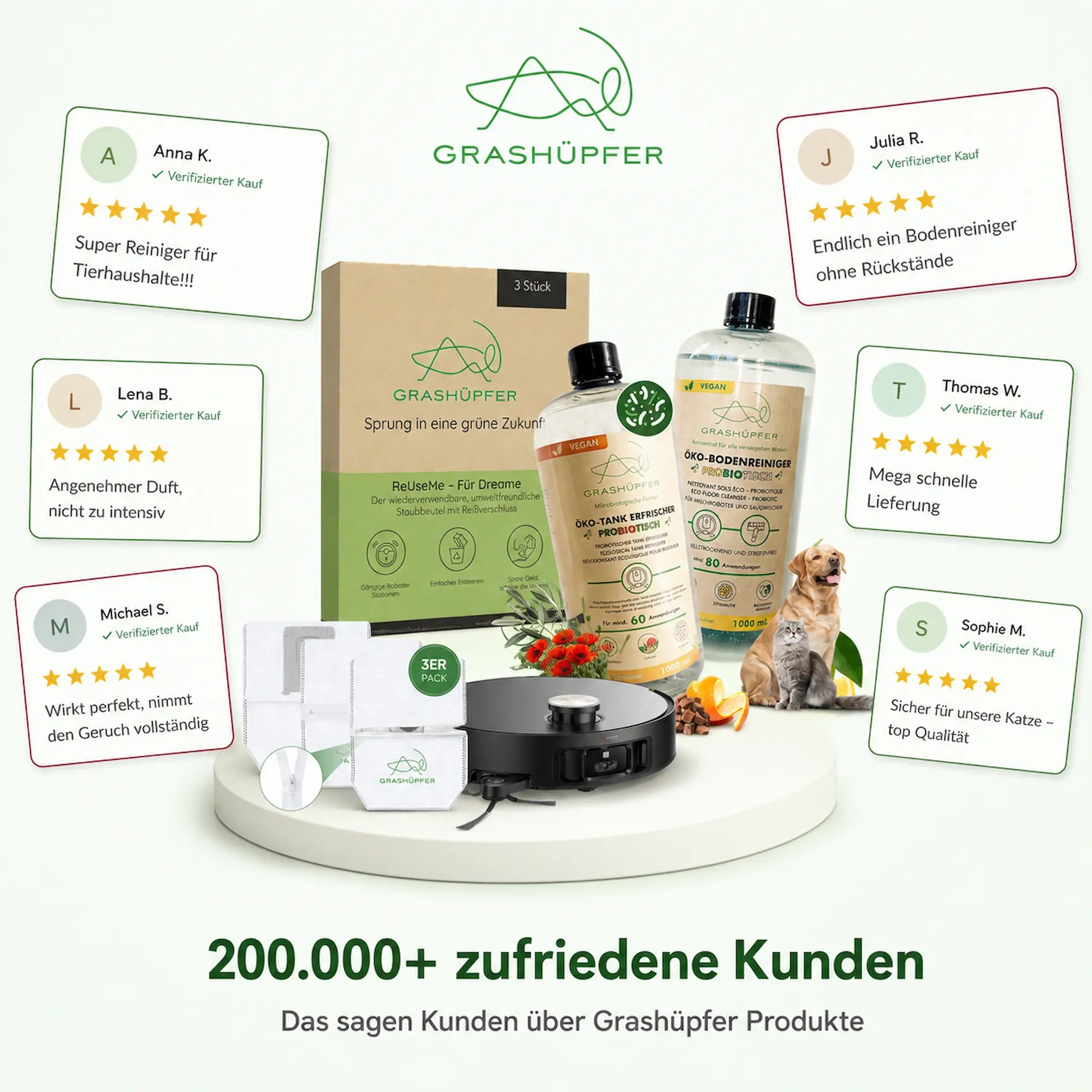 Grashüpfer Dreame Sorglospaket für Tierhaushalte mit probiotischem Bodenreiniger, Tankerfrischer, ReUseMe Staubbeuteln und Kundenbewertungen von zufriedenen Grashüpfer Kunden.