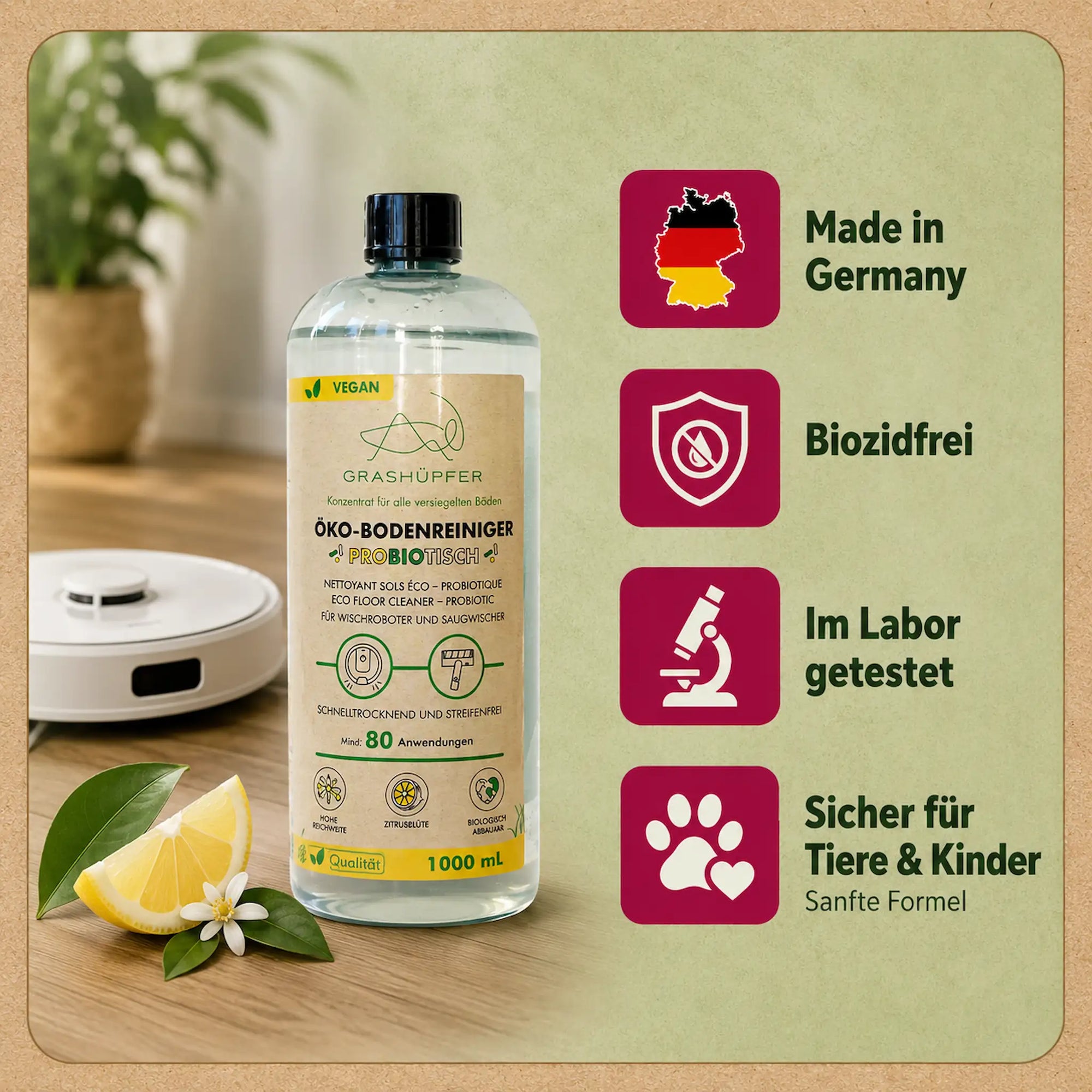Grashüpfer probiotischer Bodenreiniger für Dreame Sorglospaket Tierhaushalte mit Made in Germany, biozidfrei, im Labor getestet und sicher für Tiere und Kinder.