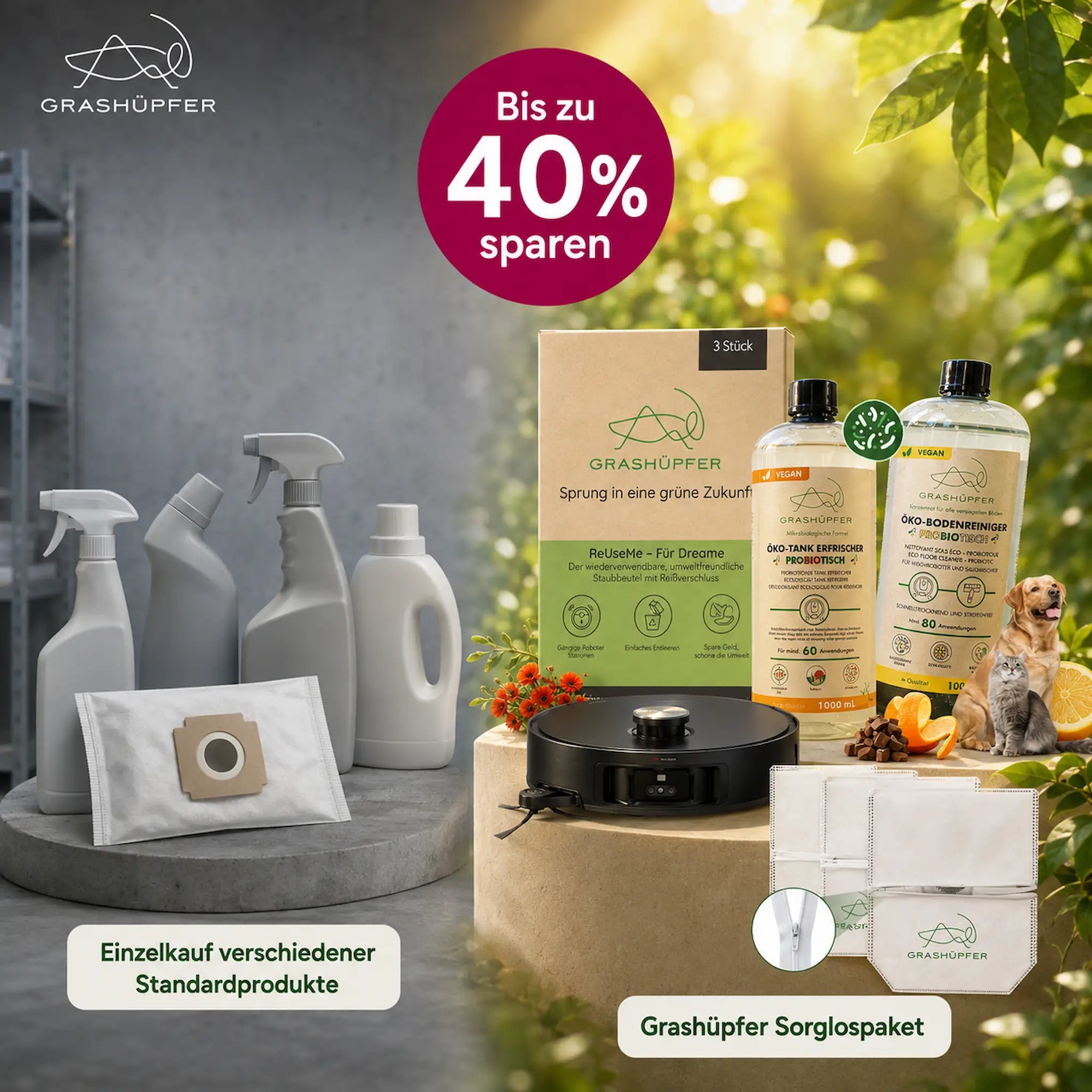 Vergleich zwischen Einzelkauf verschiedener Standardprodukte und Grashüpfer Dreame Sorglospaket für Tierhaushalte mit ReUseMe Staubbeuteln, probiotischem Bodenreiniger und Tankerfrischer, bis zu 40 % sparen.