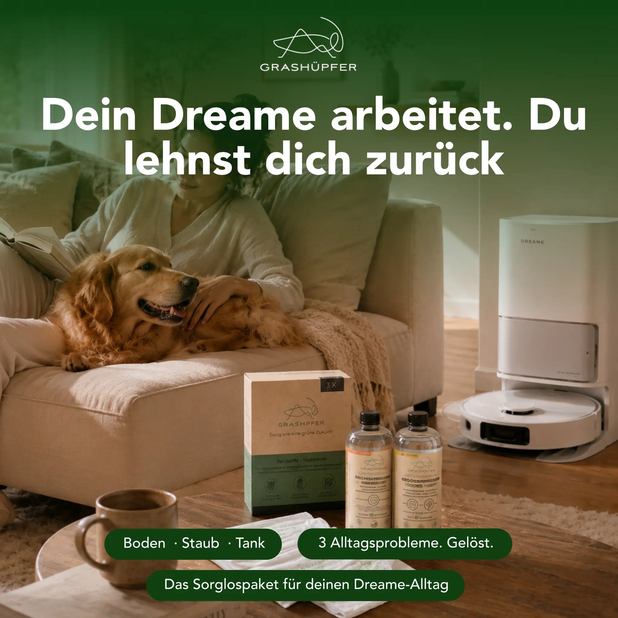 Dreame Sorglospaket für Tierhaushalte mit Bodenreiniger, Tankerfrischer und ReUseMe-Beuteln für einen komfortableren Reinigungsalltag.