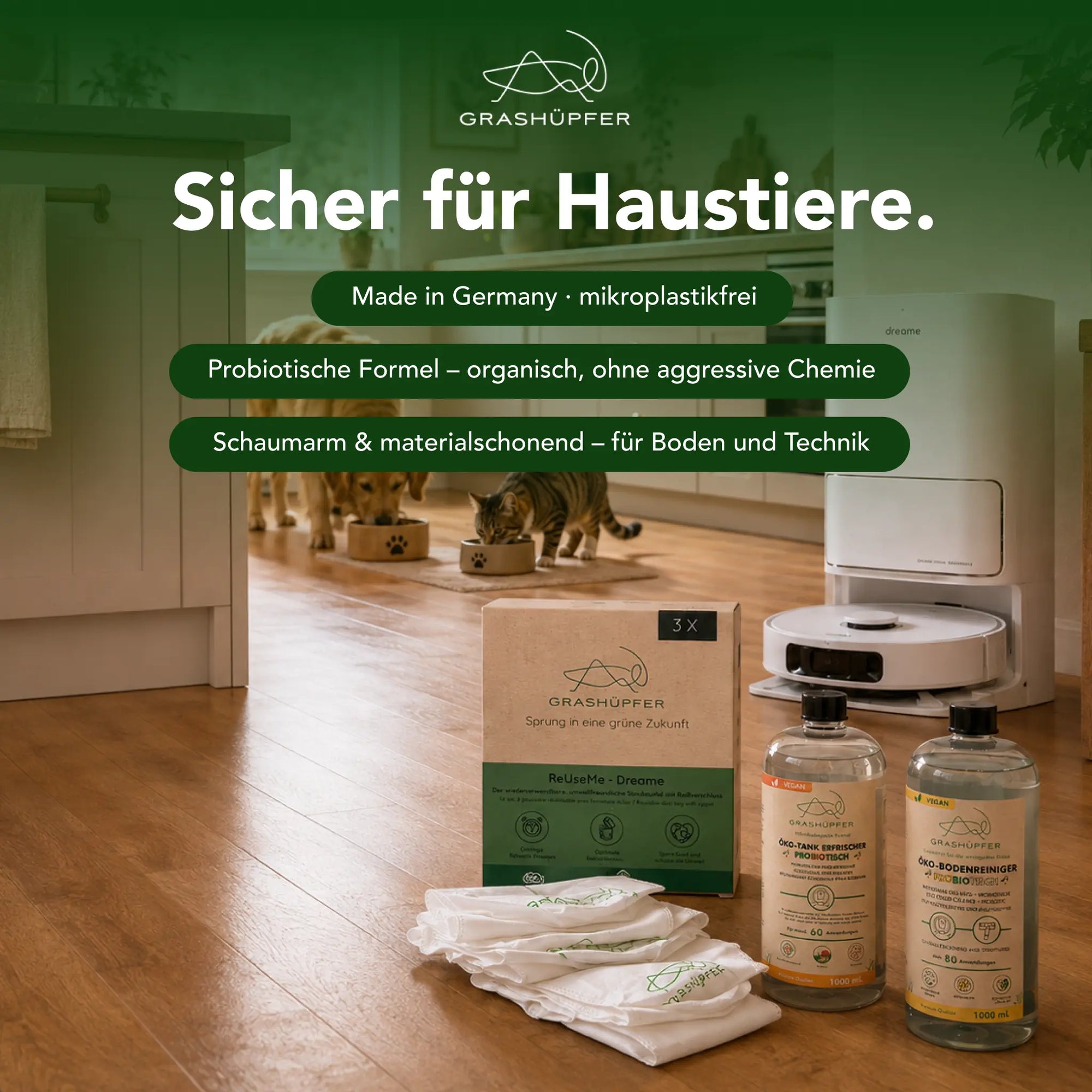 Grashüpfer Dreame Sorglospaket für Haushalte mit Hund und Katze mit probiotischen Reinigungsprodukten und wiederverwendbaren Staubbeuteln.