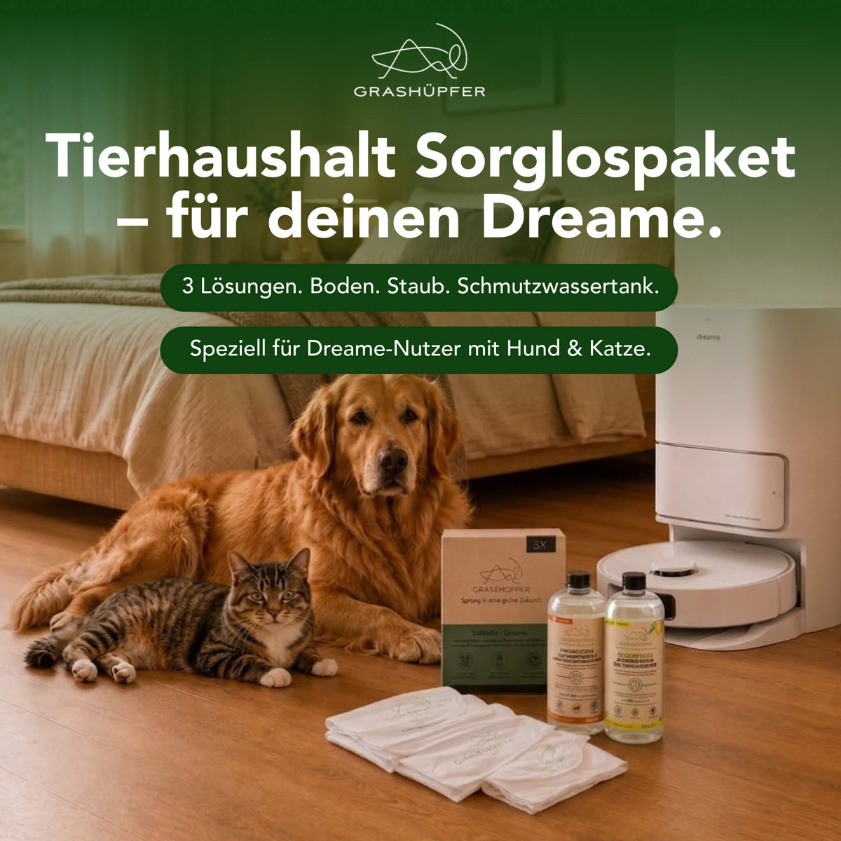 Grashüpfer Dreame Sorglospaket für Tierhaushalte mit Hund und Katze, Dreame Saugroboter mit Station, probiotischem Bodenreiniger, probiotischem Tankerfrischer und ReUseMe-Staubbeuteln.