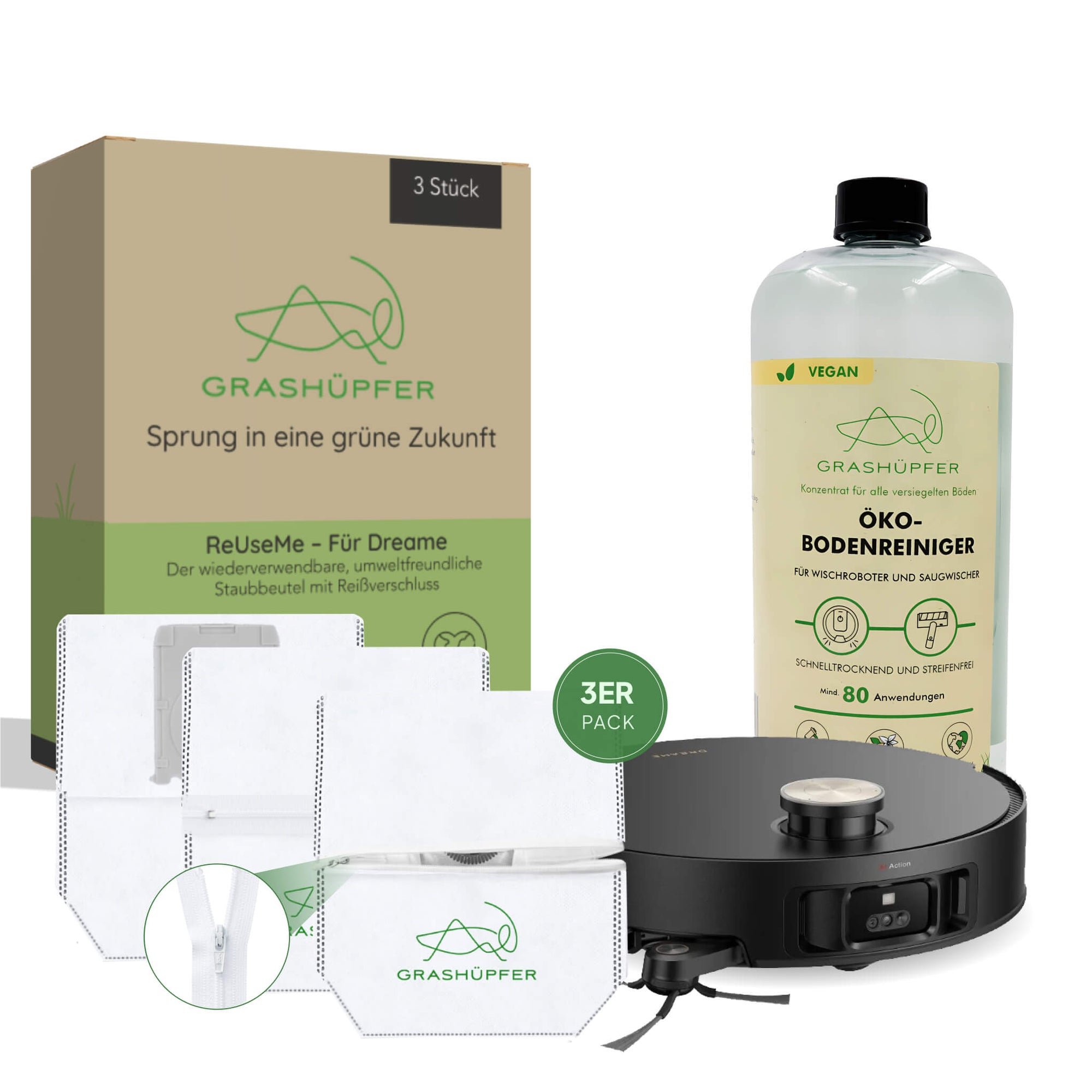 Grashüpfer Nachfüllset für Dreame / MOVA Saugroboter mit wiederverwendbaren Grashüpfer-Staubbeuteln (3er Pack) und 1 Flasche ökologischer Bodenreiniger Zitrusblüte – ideal für nachhaltige Reinigung.