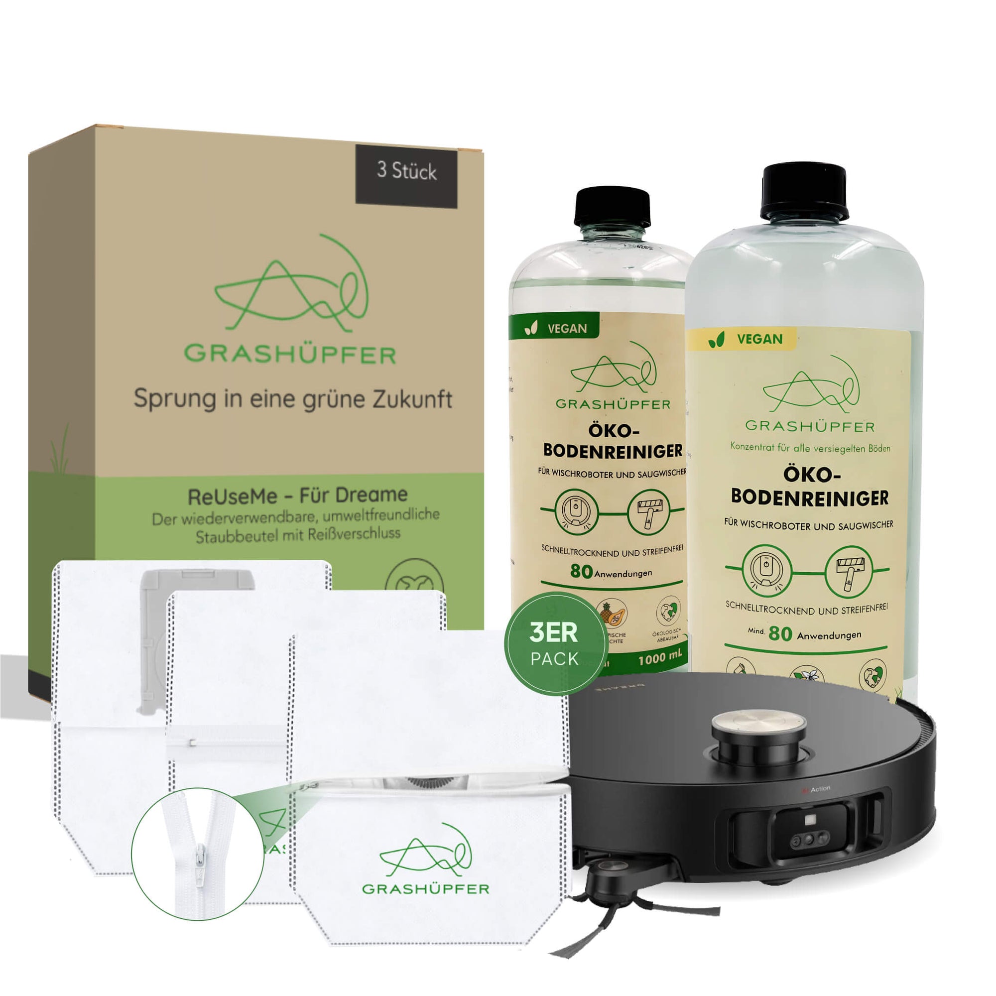 Grashüpfer Nachfüllset für Dreame / MOVA mit Öko-Bodenreiniger in unterschiedlichen Durftrichtungen, dazu 3 wiederverwendbare ReUseMe-Staubbeutel – ideal für nachhaltige Reinigung mit deinem Saugroboter.