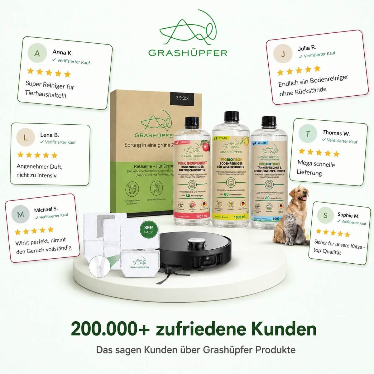 Grashüpfer Dreame Zubehör mit ReUseMe-Staubbeuteln, Bodenreiniger, probiotischem Bodenreiniger und probiotischem Tankerfrischer neben Saugroboter, dargestellt mit Top-Bewertungen und über 200.000 zufriedenen Kunden.
