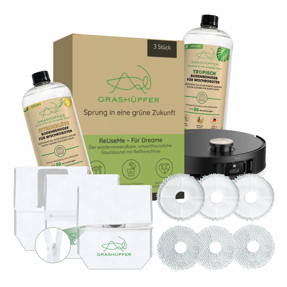Dreame Sorglospaket mit Grashüpfer Bodenreinigern, Wischpads und ReUseMe-Staubbeuteln für den Saug-Wischroboter.