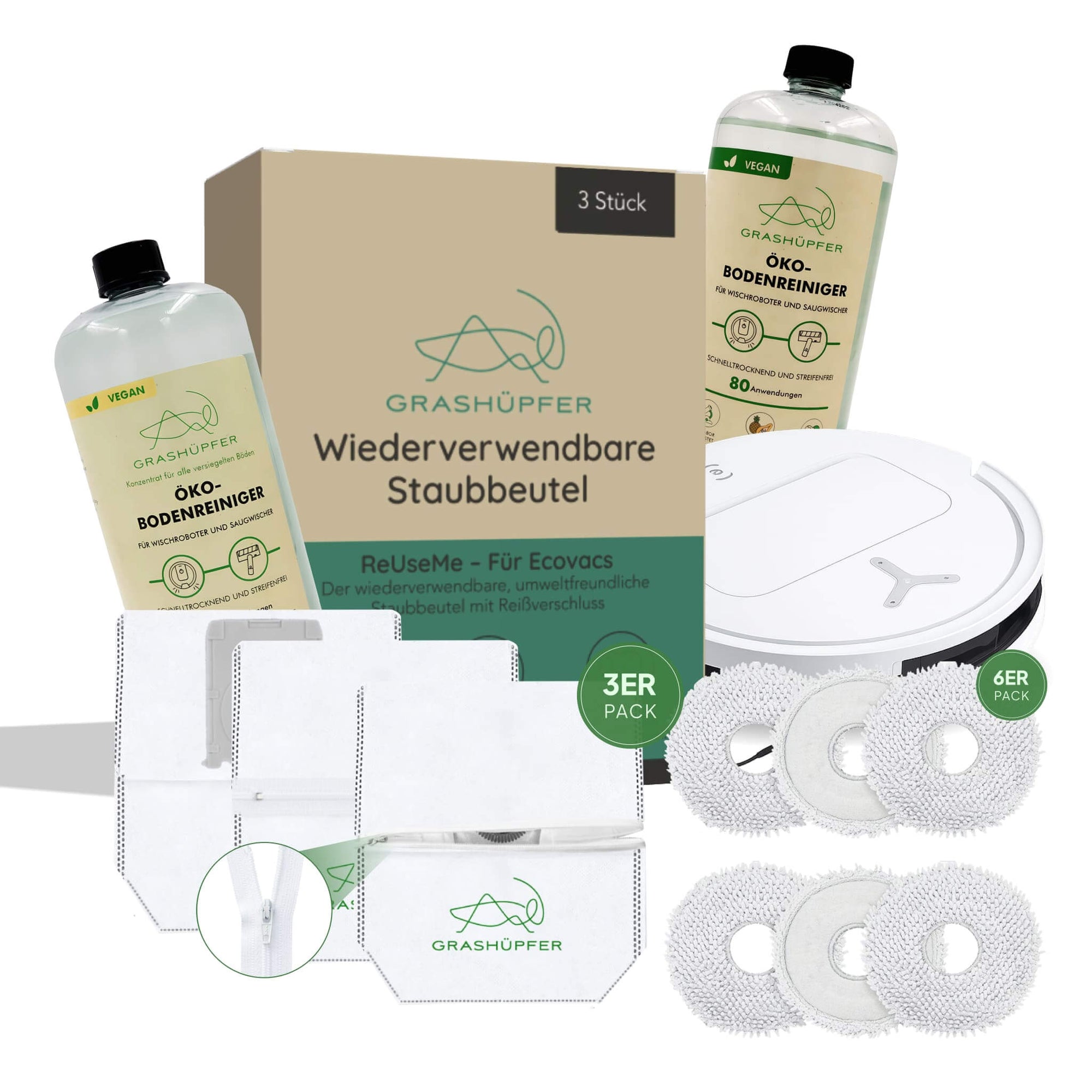 Grashüpfer Sorglos-Paket für Ecovacs Deebot: Wiederverwendbare Staubbeutel (3er-Pack), 6er-Set Mikrofaser-Wischpads und verschiedner Auswahl an Flaschen Öko-Bodenreiniger für smarte Haushaltsreinigung.