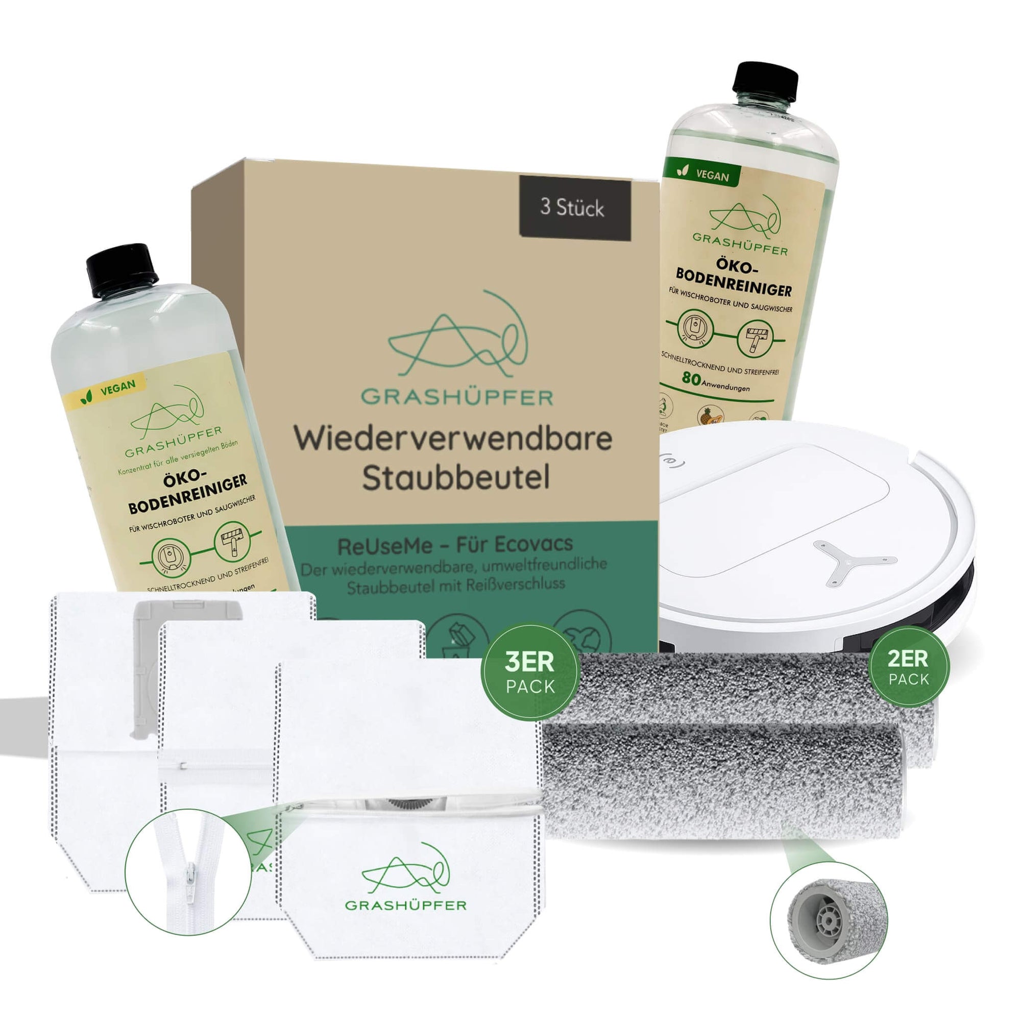 Grashüpfer Sorglos-Paket für ECOVACS DEEBOT: Wiederverwendbare Staubbeutel (3er-Pack), 2 hochwertige Wischwalzen und verschiedener Auswahl an Öko-Bodenreiniger – ideal für nachhaltige Roboterpflege.