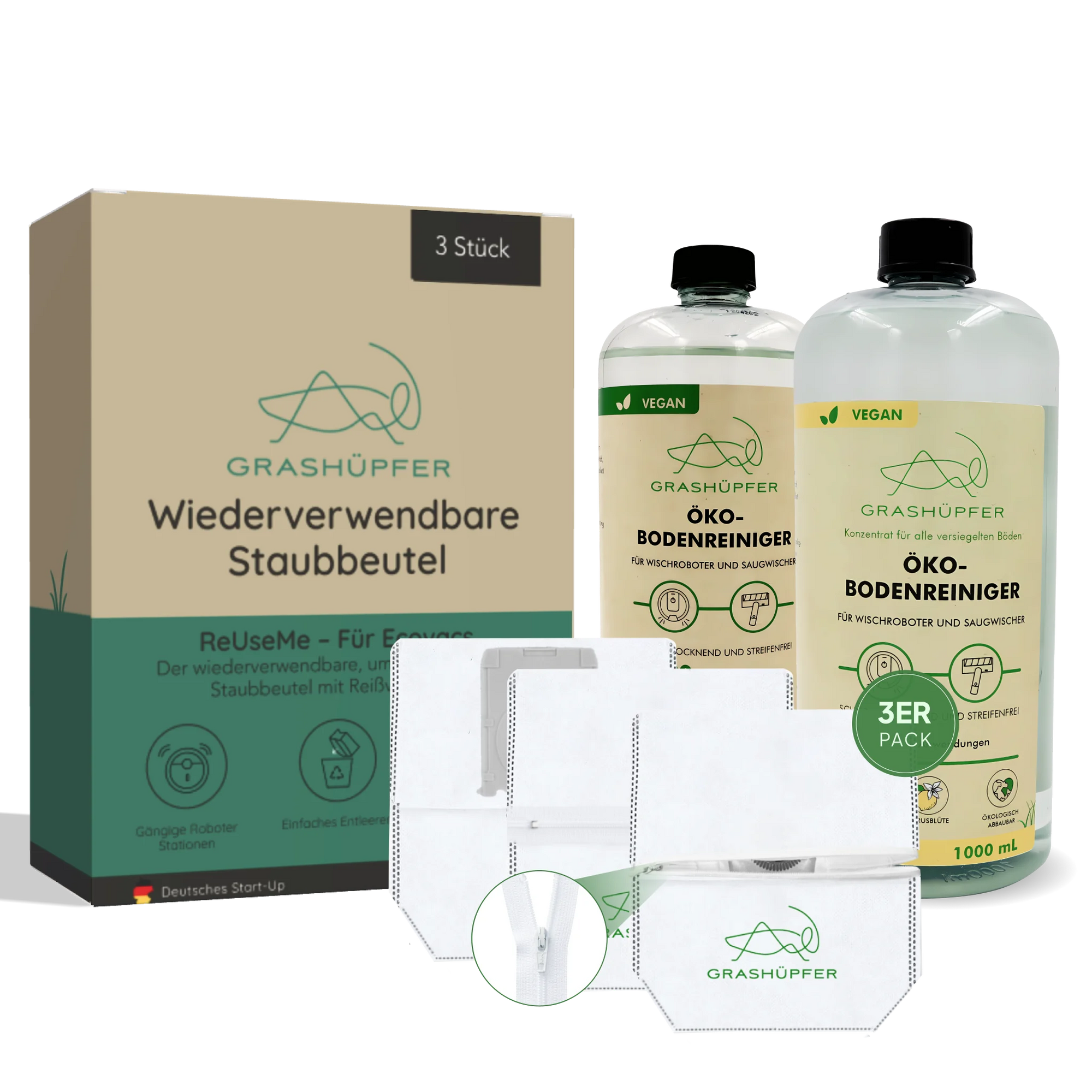 Grashüpfer ECOVACS DEEBOT Nachfüllset : Wiederverwendbare Staubbeutel im 3er-Pack und eine Auswahl an Öko-Bodenreinigern für Wischroboter – vegan, streifenfrei und umweltfreundlich.