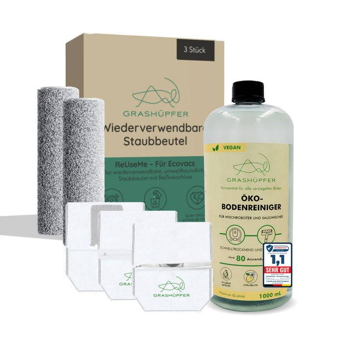 Grashüpfer Sorglos-Paket für Ecovacs Deebot: Wiederverwendbare Staubbeutel (3er-Pack), 2er-Set Wischwalzen und verschiedener Auswahl an Flaschen Öko-Bodenreiniger für smarte Haushaltsreinigung mit 1,1 (sehr gut) Bewertung.