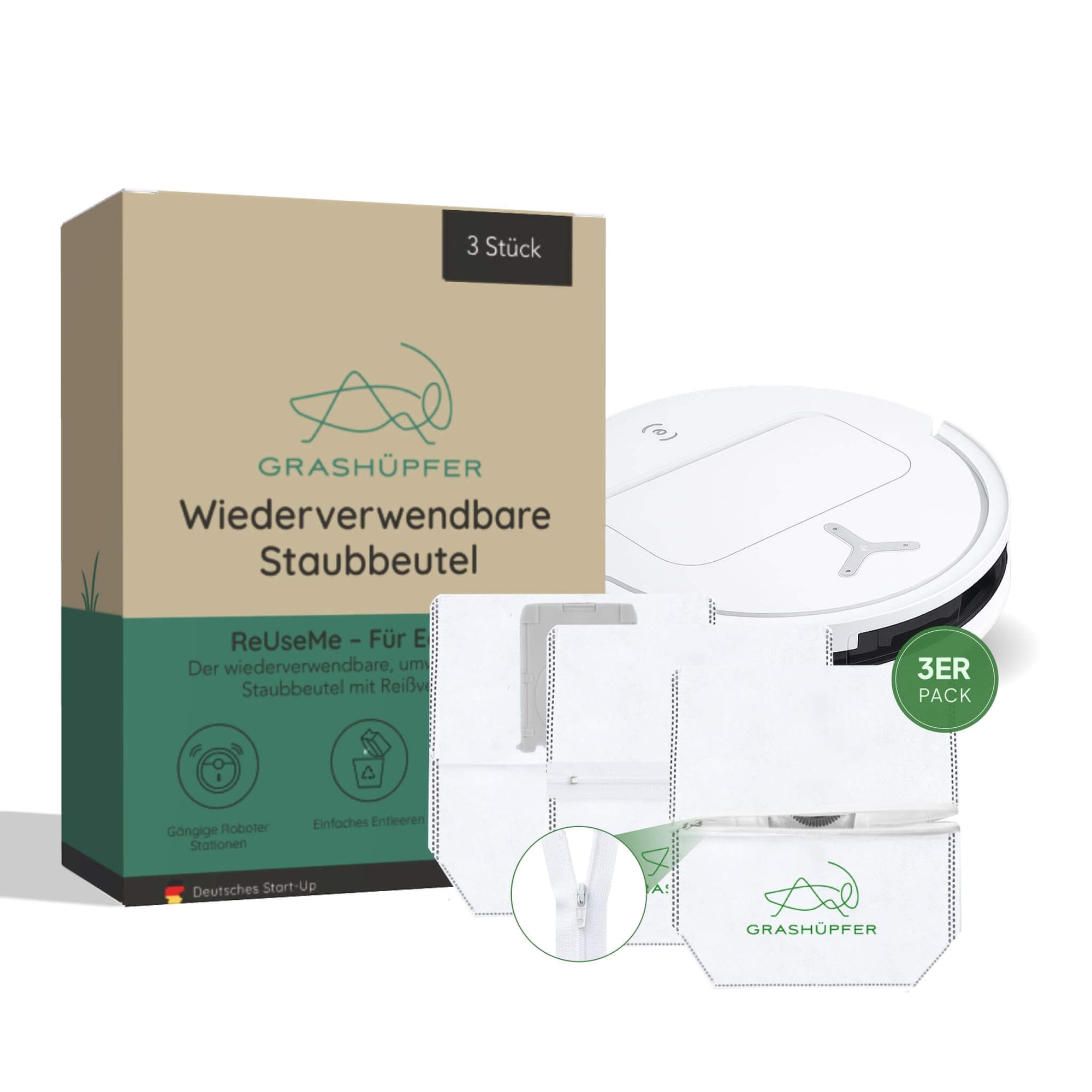 Grashüpfer wiederverwendbare Staubbeutel im 3er-Pack für Ecovacs Deebot OMNI Absaugstationen – umweltfreundlich, mit Reißverschluss und passgenauer Kompatibilität.