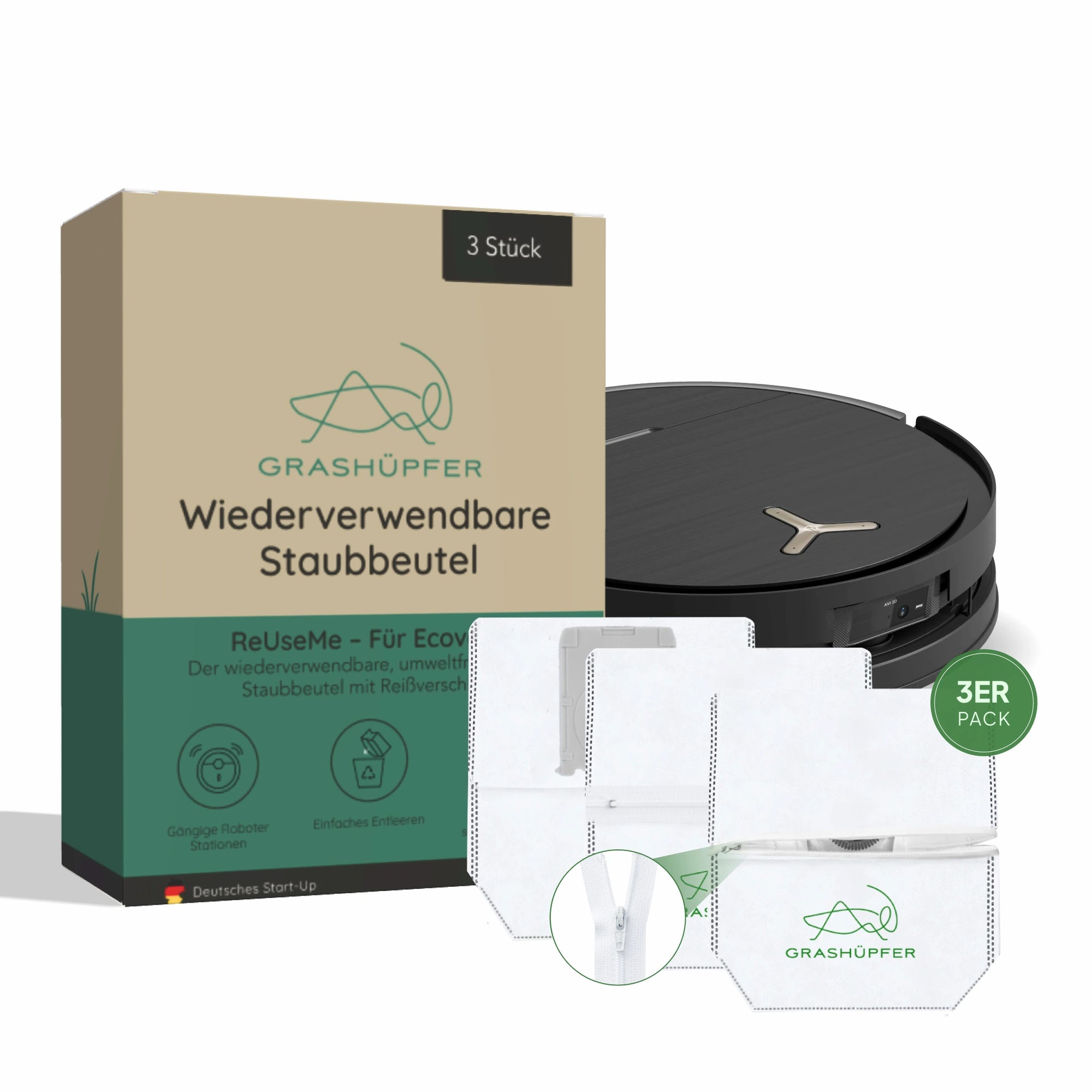 Grashüpfer ReUseMe Staubbeutel für ECOVACS DEEBOT Absaugstationen,  wiederverwendbare Staubbeutel im 3er-Pack mit Reißverschluss.