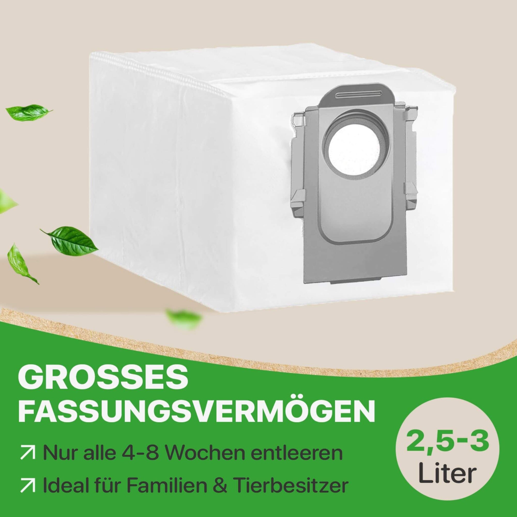 Grashüpfer ReuseMe Staubsaugerbeutel für ECOVACS Deebot mit großem Fassungsvermögen von 2,5–3 Litern, nur alle 4–8 Wochen entleeren, ideal für Familien und Tierhaushalte, nachhaltig und wiederverwendbar.