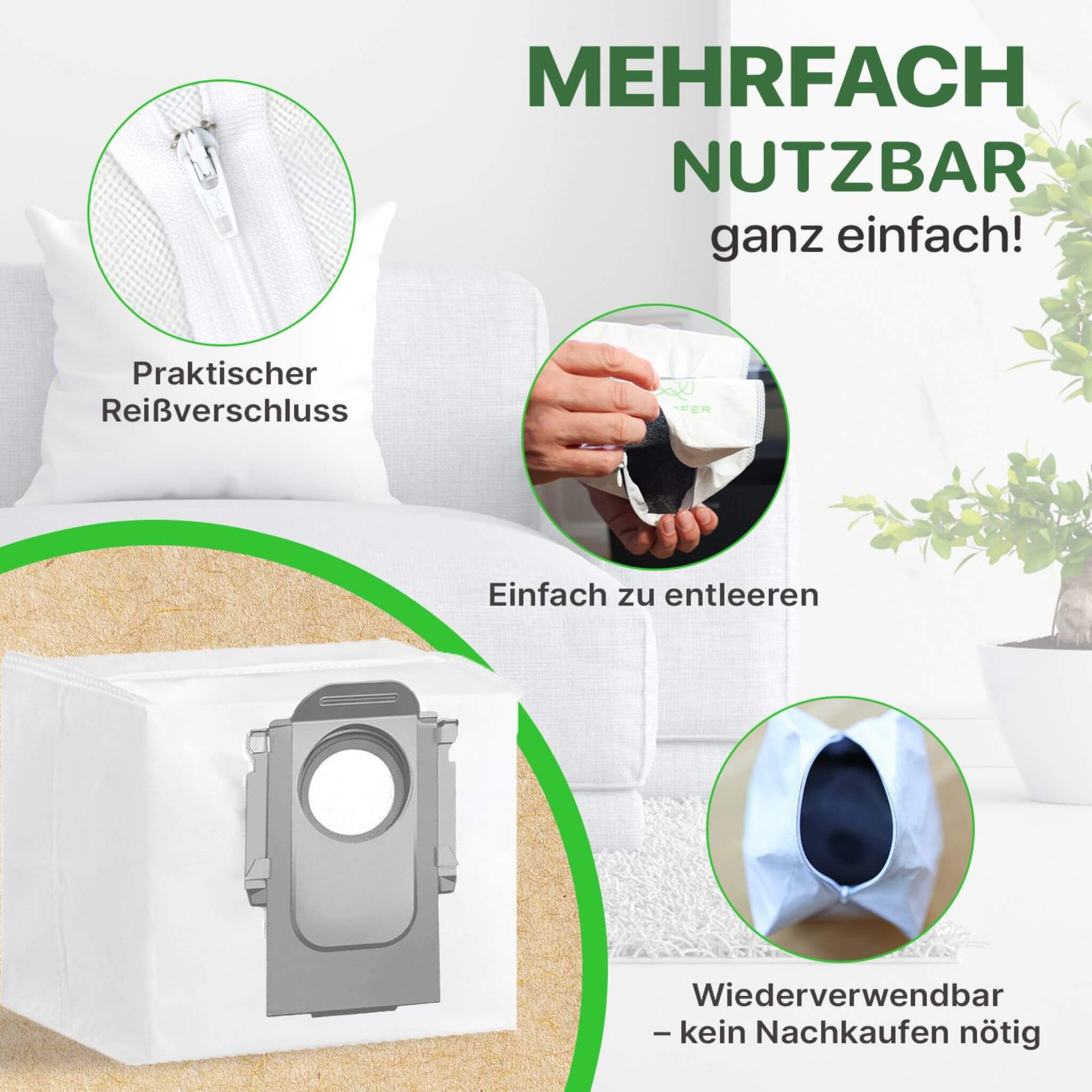 Grashüpfer ReuseMe Staubsaugerbeutel für ECOVACS Deebot, mehrfach nutzbar dank praktischem Reißverschluss, einfach zu entleeren, nachhaltige Alternative zu Einwegbeuteln für X9, X8, T-Serie.
