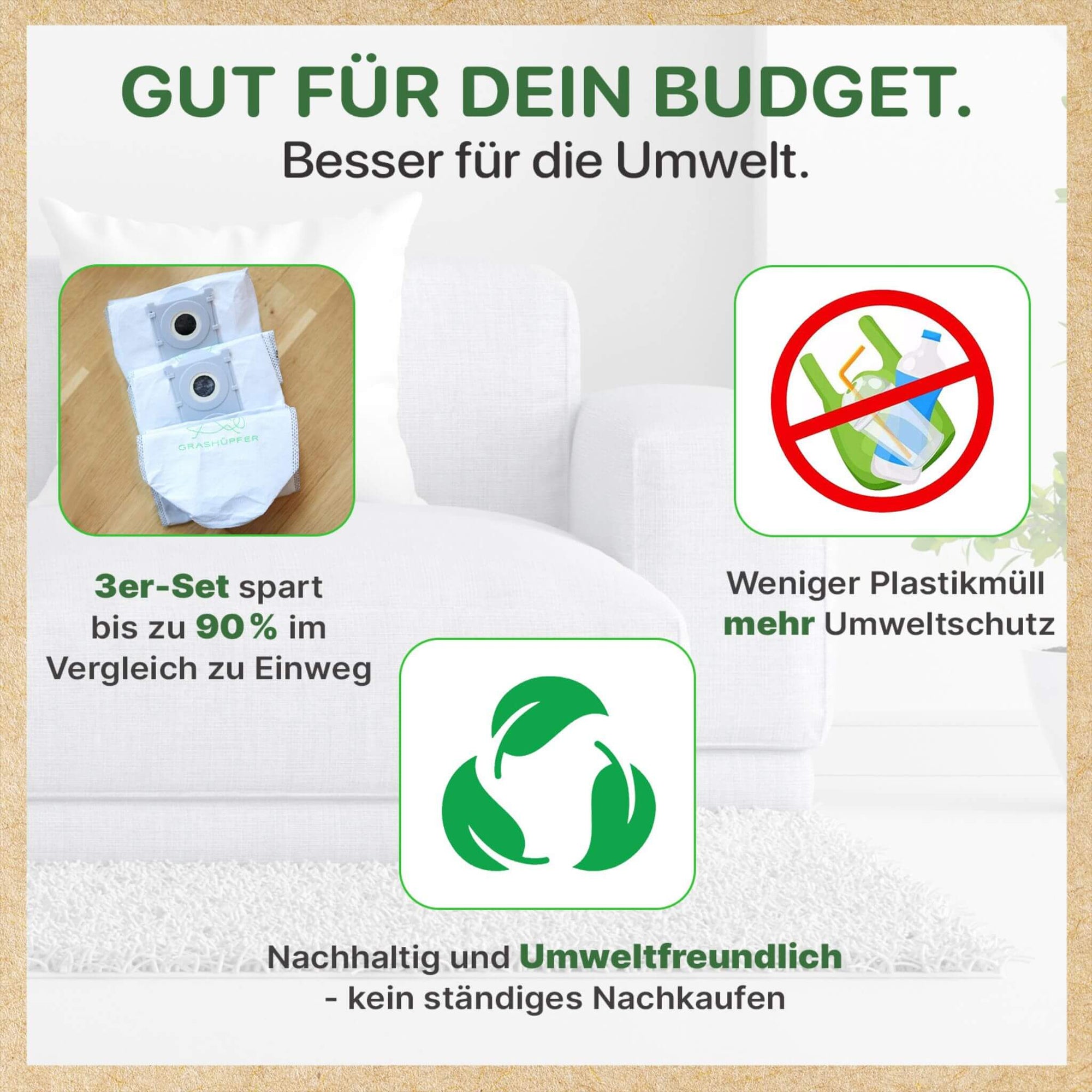 Grashüpfer ReuseMe Staubsaugerbeutel für ECOVACS Deebot im 3er-Set, spart bis zu 90 % Kosten im Vergleich zu Einweg, nachhaltig, umweltfreundlich, reduziert Plastikmüll, kein ständiges Nachkaufen nötig.