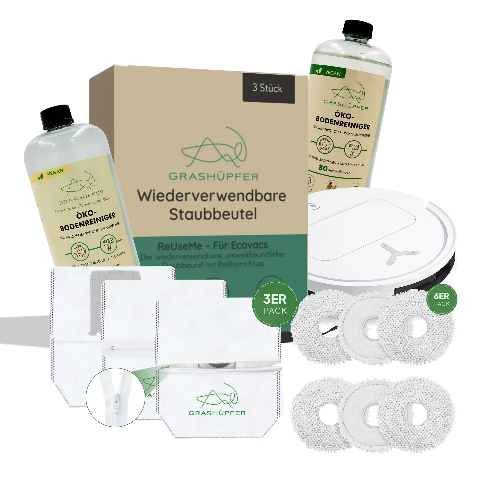 Grashüpfer Sorglos-Paket für Ecovacs Deebot: Wiederverwendbare Staubbeutel (3er-Pack), 6er-Set Mikrofaser-Wischpads und verschiedner Auswahl an Flaschen Öko-Bodenreiniger für smarte Haushaltsreinigung.