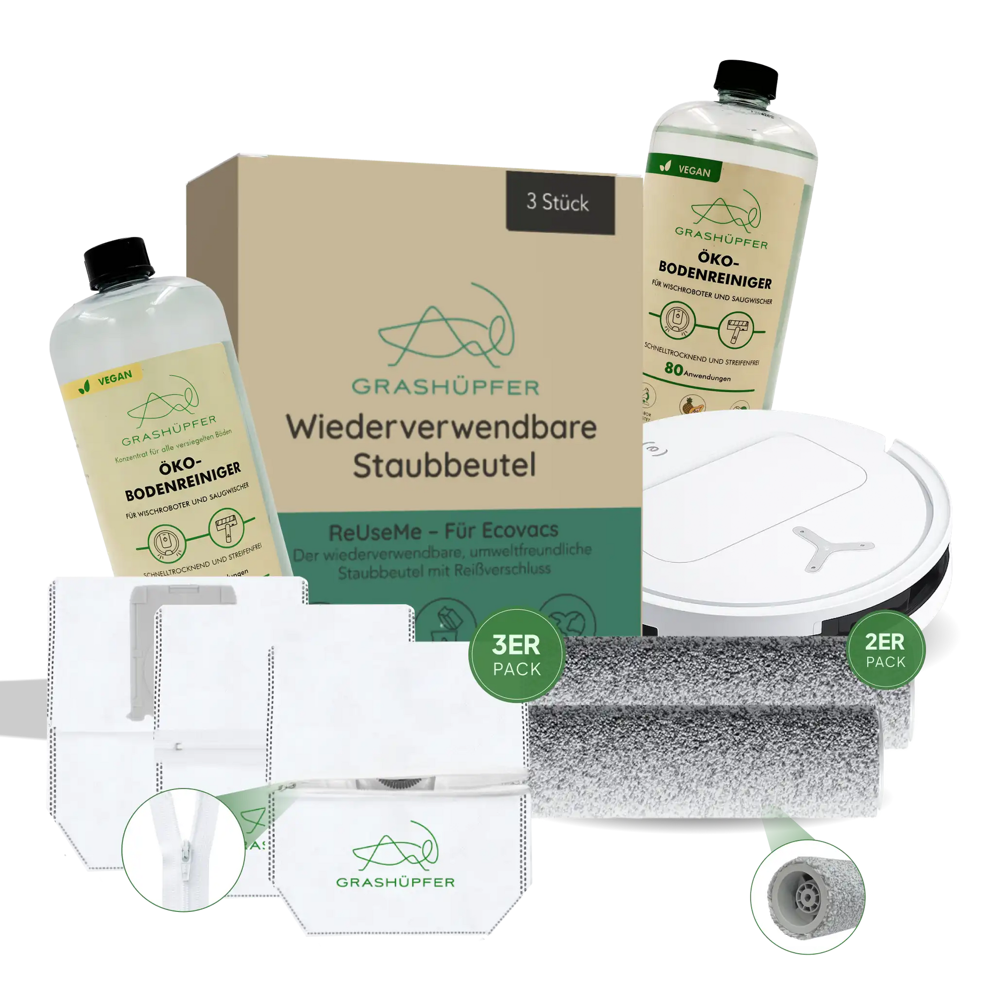 Grashüpfer Mix & Match-Set für ECOVACS DEEBOT: Wiederverwendbare Staubbeutel (3er-Pack), 2 hochwertige Wischwalzen und verschiedener Auswahl an Öko-Bodenreiniger – ideal für nachhaltige Boden- und Roboterpflege.