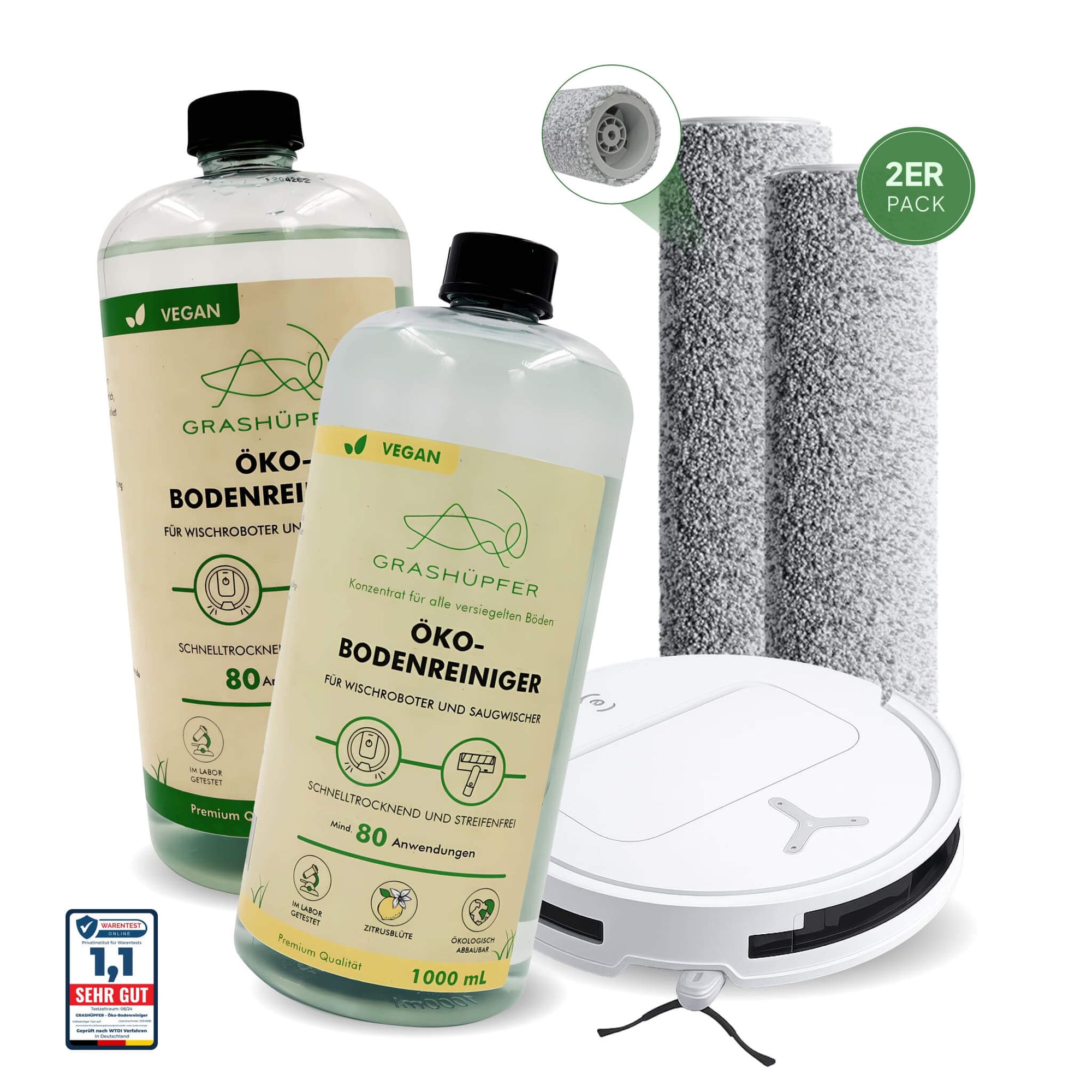 Wischset für Ecovacs Deebot mit unterschiedlicher Auswahl an Flaschen Grashüpfer Öko-Bodenreinigern und 2 hochwertigen Mikrofaser-Walzen für gründliche Bodenreinigung.