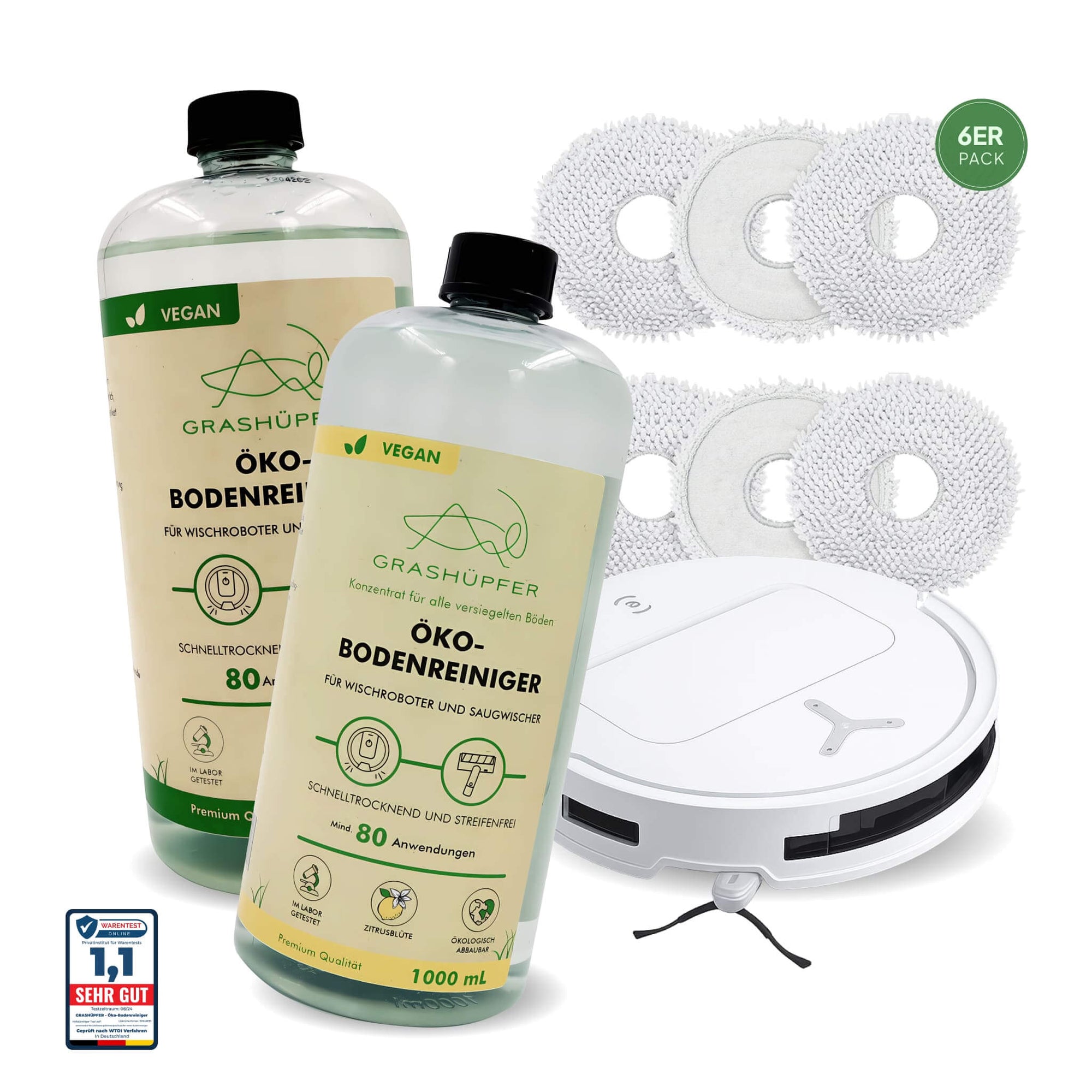 2 Flaschen Grashüpfer Öko-Bodenreiniger (Zitrus & Tropisch) und 6 wiederverwendbare Wischpads für Ecovacs Deebot Wischroboter im praktischen Grashüpfer Wischset.