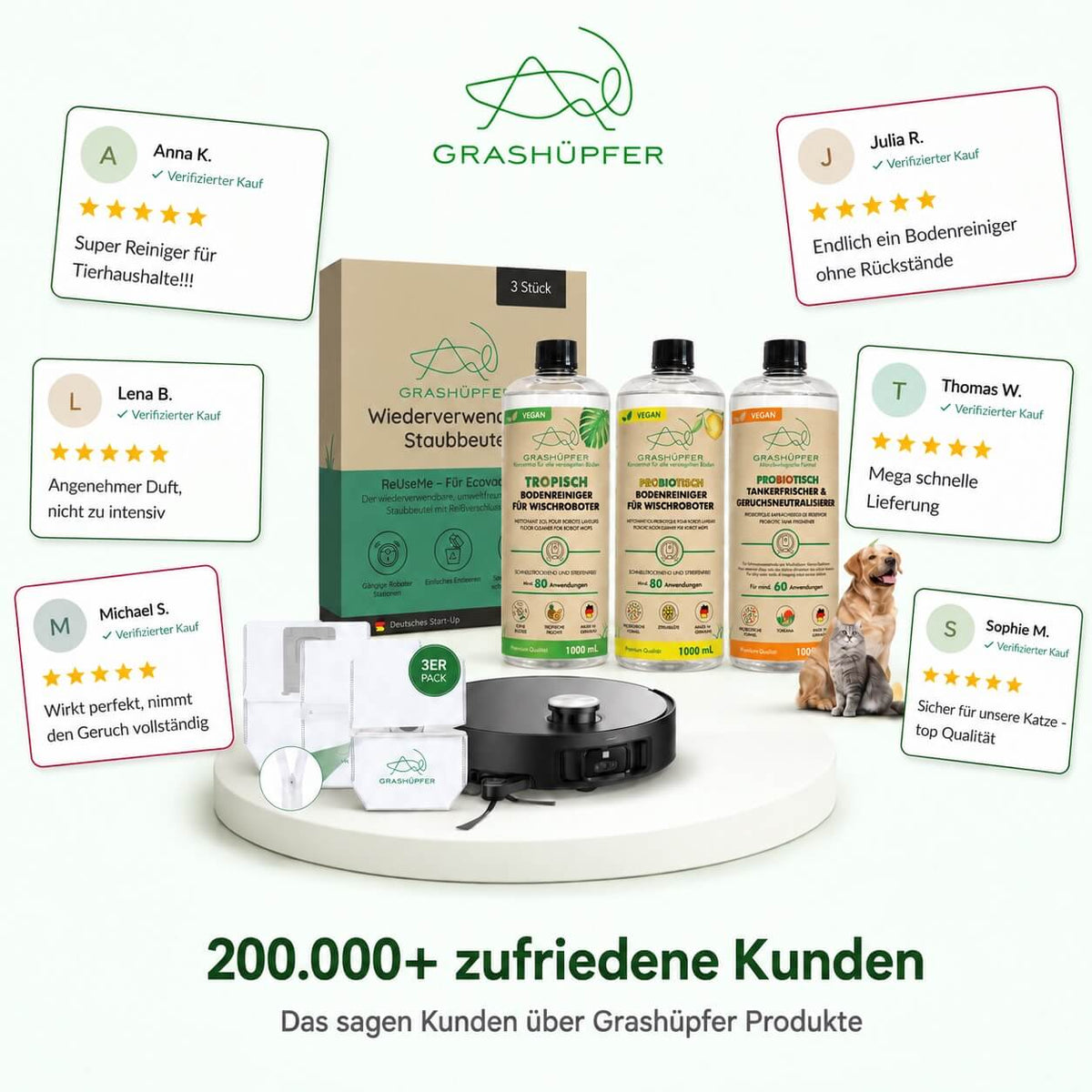 Grashüpfer ECOVACS Mix & Match Set mit Bodenreiniger, probiotischem Bodenreiniger, probiotischem Tankerfrischer und ReUseMe-Staubbeuteln sowie dargestellten Kundenbewertungen und dem Hinweis auf über 200.000 zufriedene Kunden.