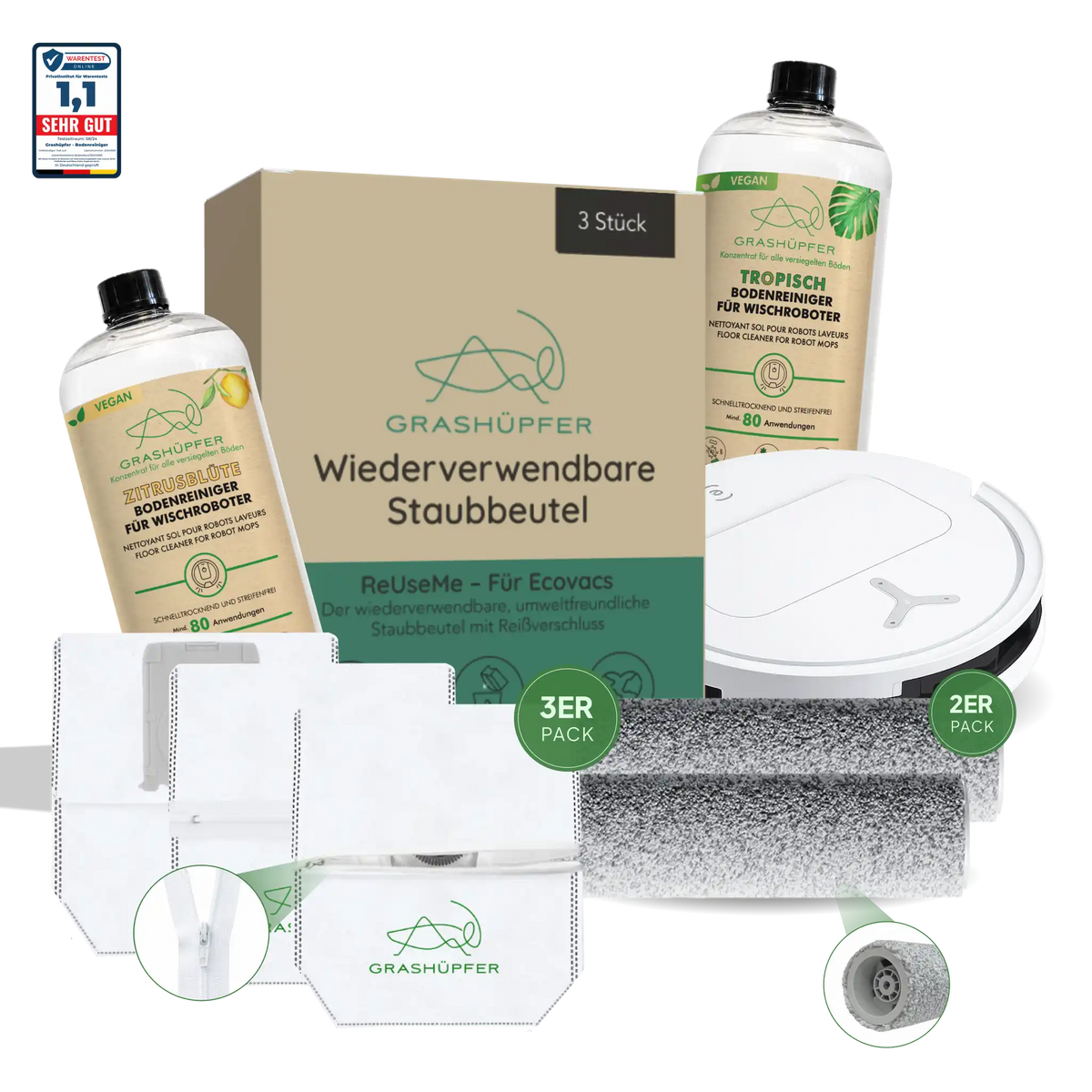 Grashüpfer ECOVACS Mix & Match Sorglospaket mit zwei Bodenreinigern für Wischroboter, wiederverwendbaren ReUseMe-Staubbeuteln, Wischwalzen und Saugroboter.